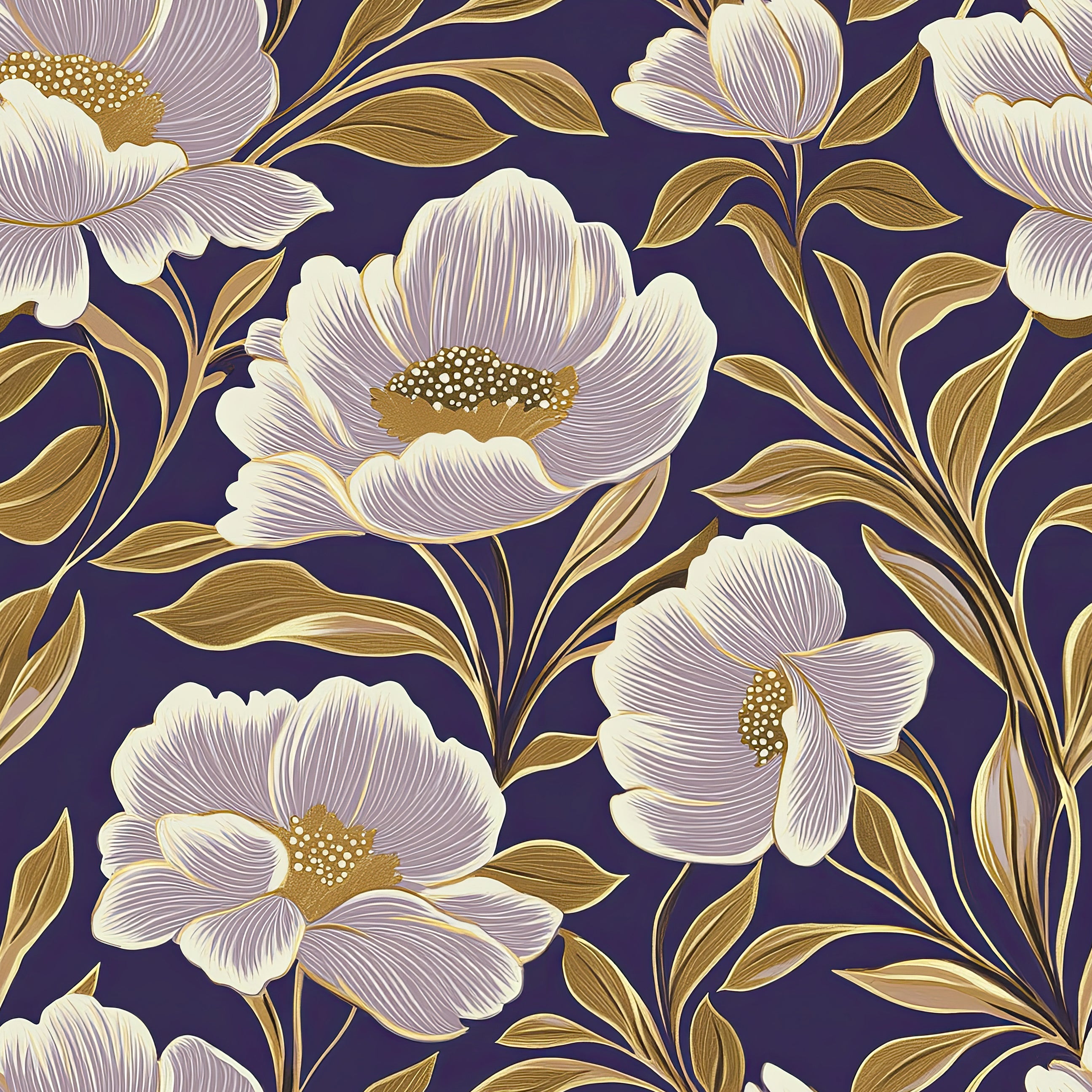Luxurious floral wallpaper with ivory-white flowers, golden accents, and a deep purple background, perfect for elegant interiors.