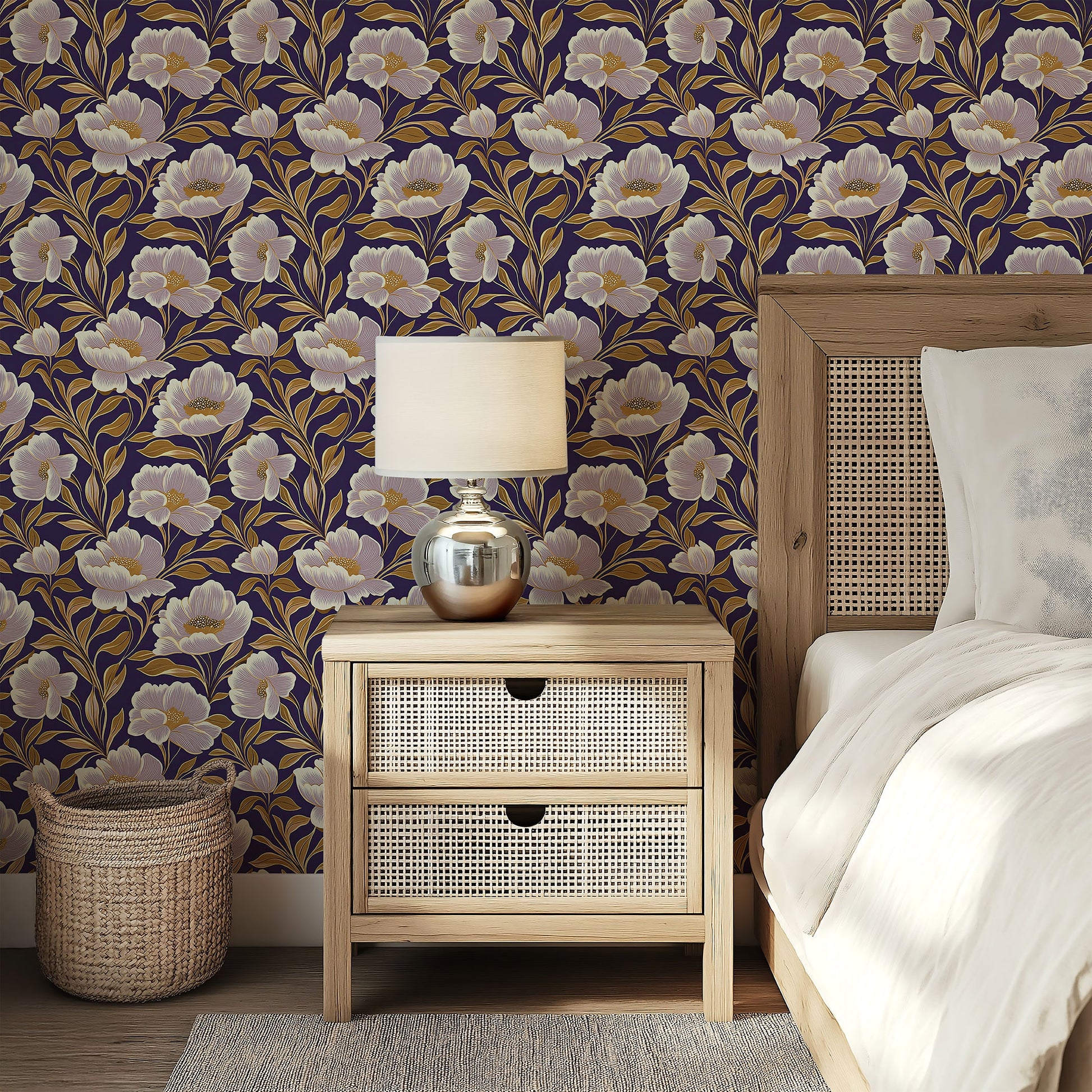 Luxurious Regal Night Affair wallpaper with ivory-white floral design on midnight blue, perfect for elegant and traditional interiors.