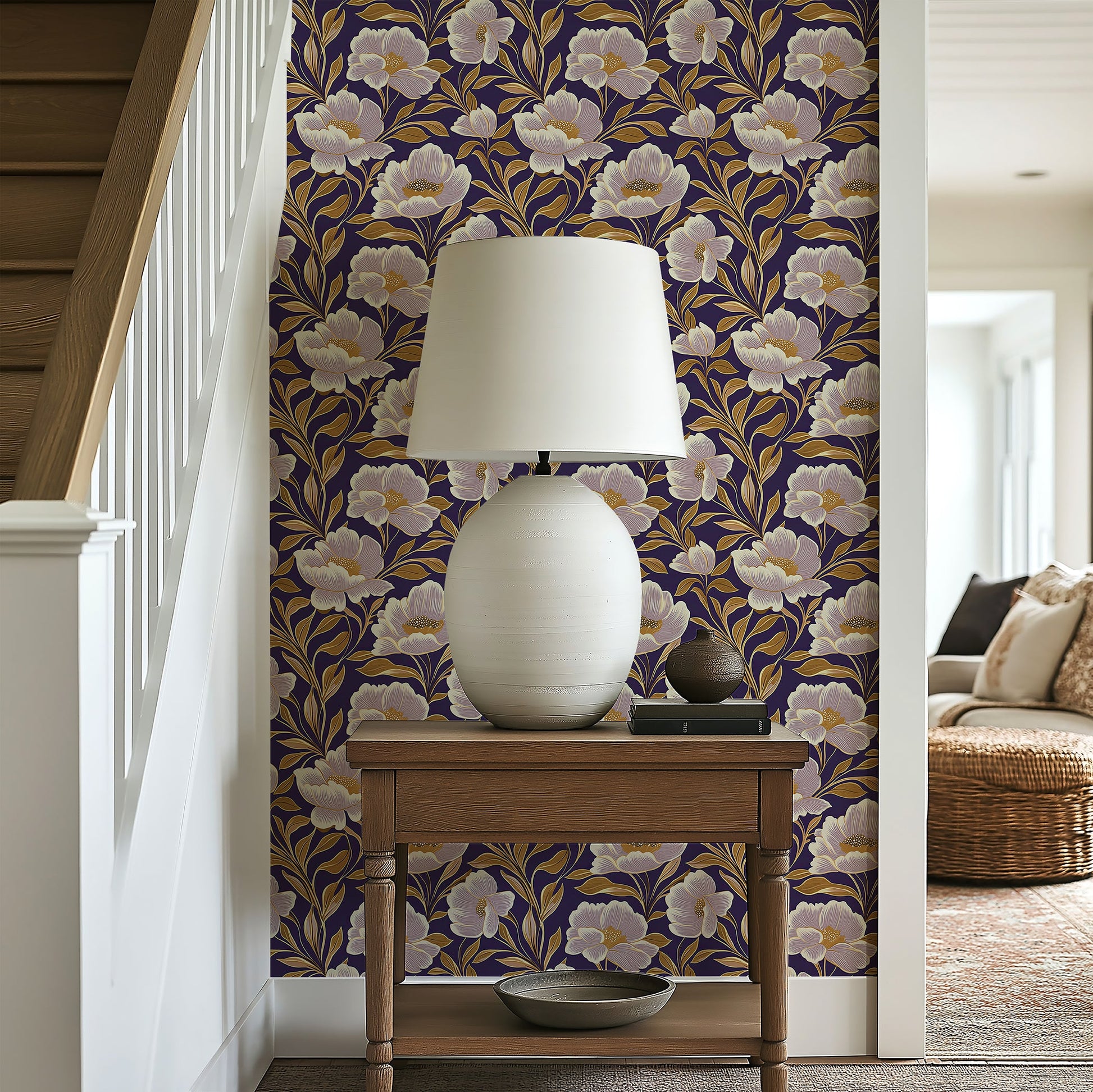Regal Night Affair floral wallpaper with ivory flowers, golden accents, and deep purple background in a stylish interior setting.