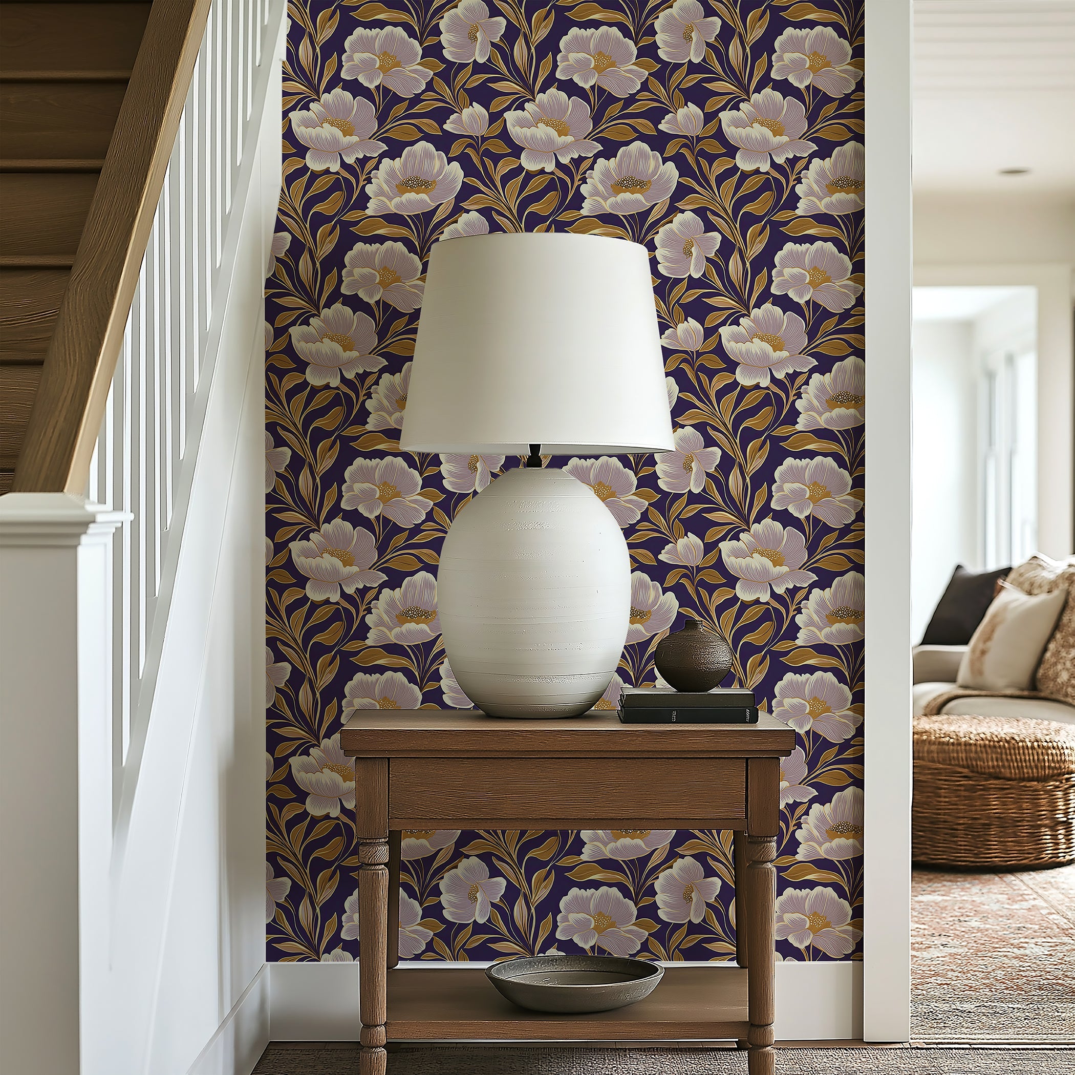 Regal Night Affair floral wallpaper with ivory flowers, golden accents, and deep purple background in a stylish interior setting.