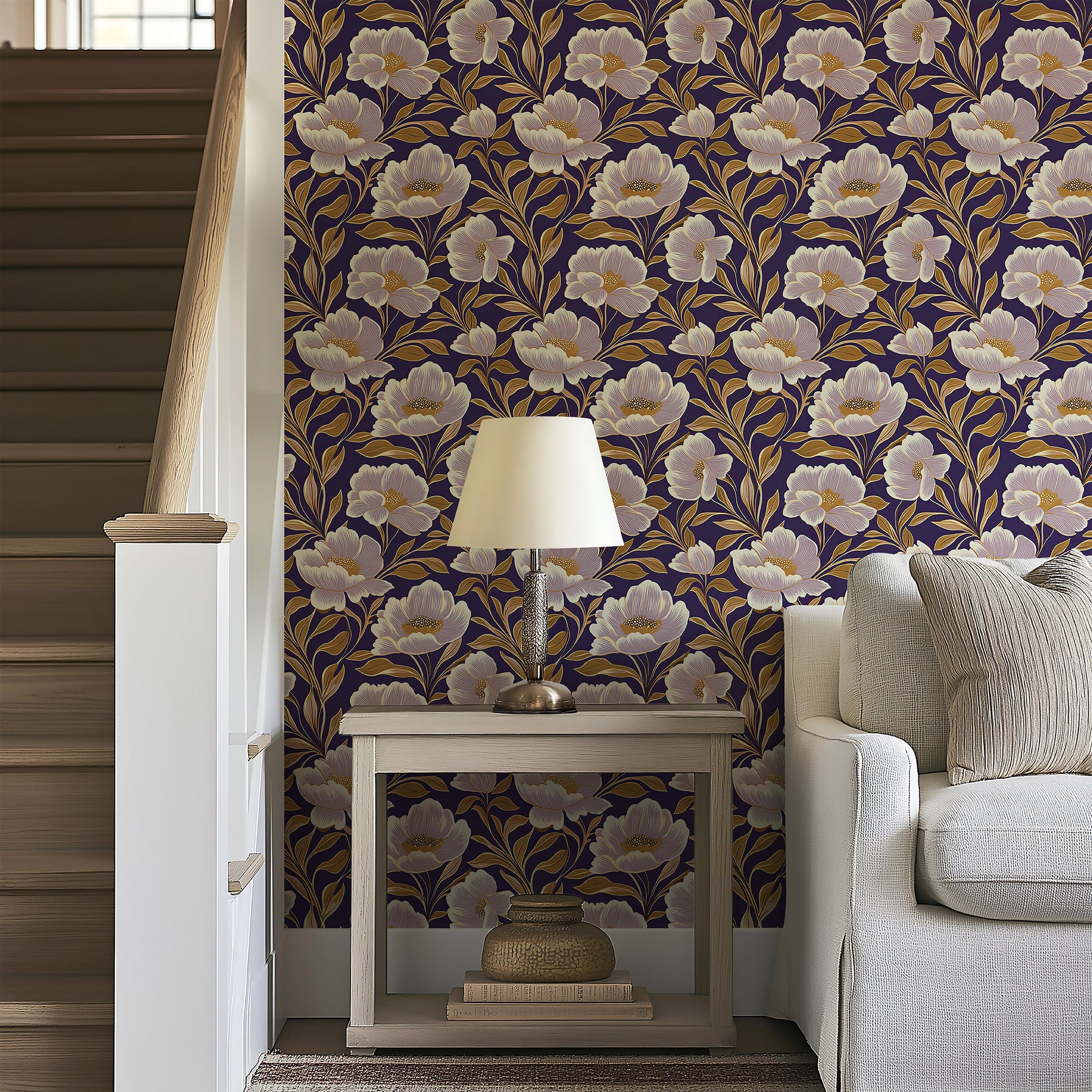 Luxurious floral wallpaper with ivory-white flowers and golden accents on a purple background, ideal for elegant interior design.
