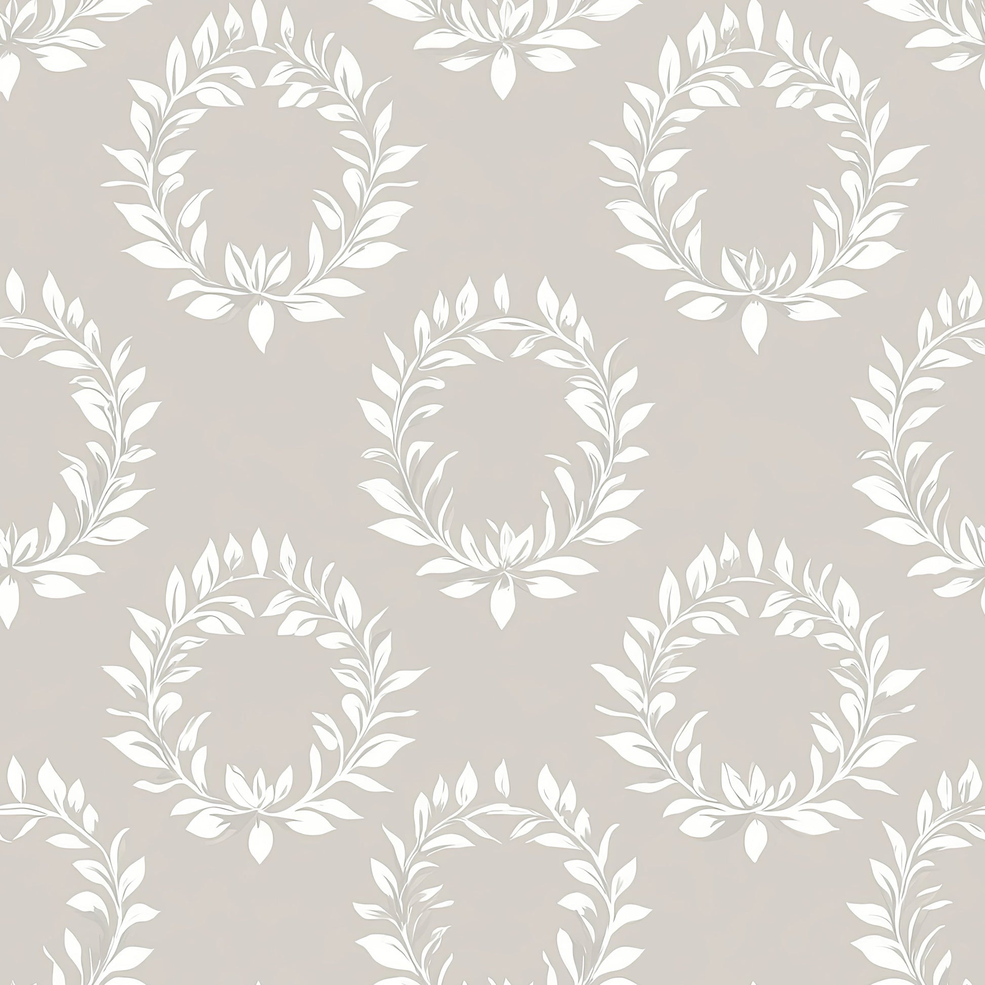 Wreath Reverie wallpaper featuring white laurel wreaths on a gray background, ideal for classic interiors from Wall Artifacts.
