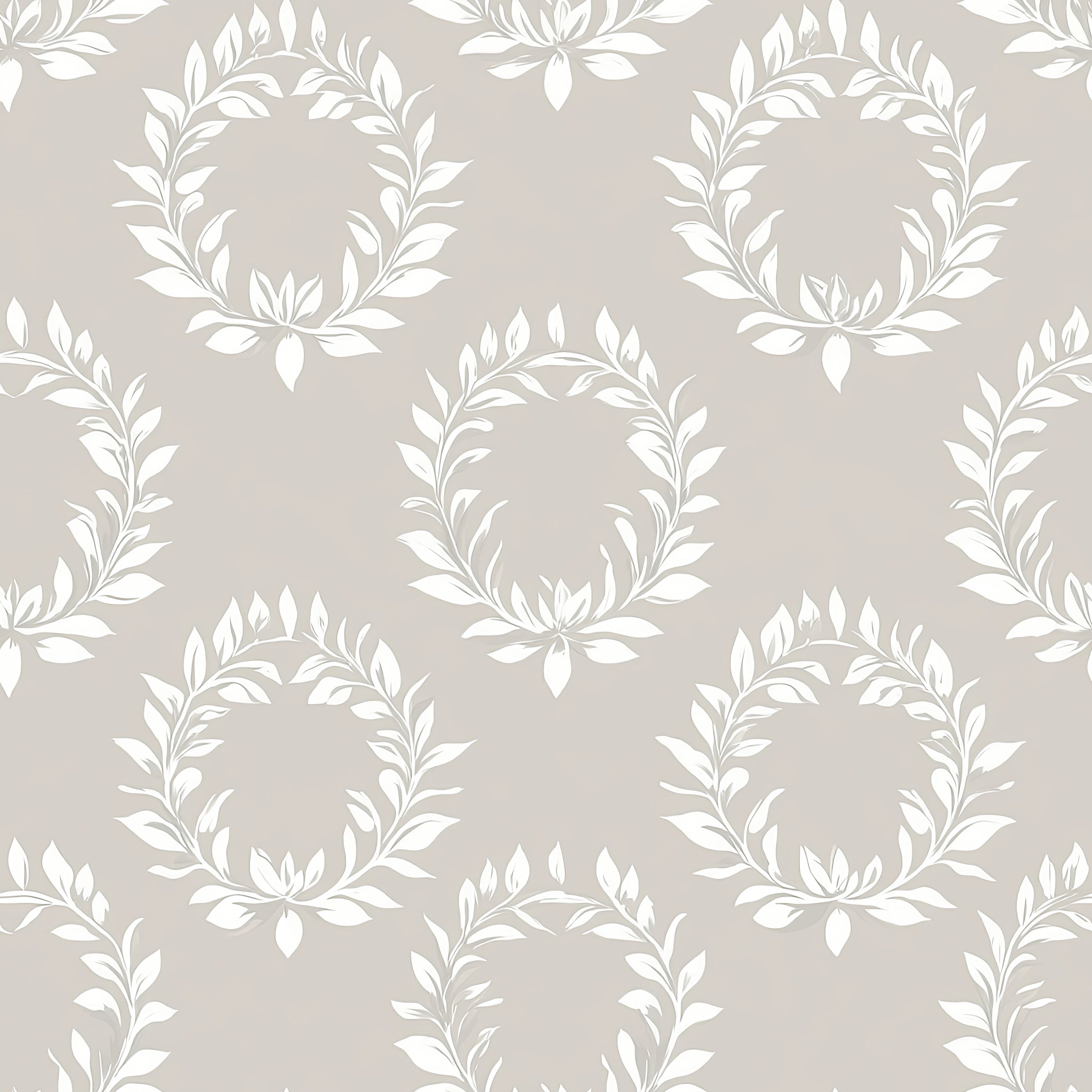 Wreath Reverie wallpaper featuring white laurel wreaths on a gray background, ideal for classic interiors from Wall Artifacts.