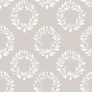 Wreath Reverie wallpaper featuring white laurel wreaths on a gray background, ideal for classic interiors from Wall Artifacts.