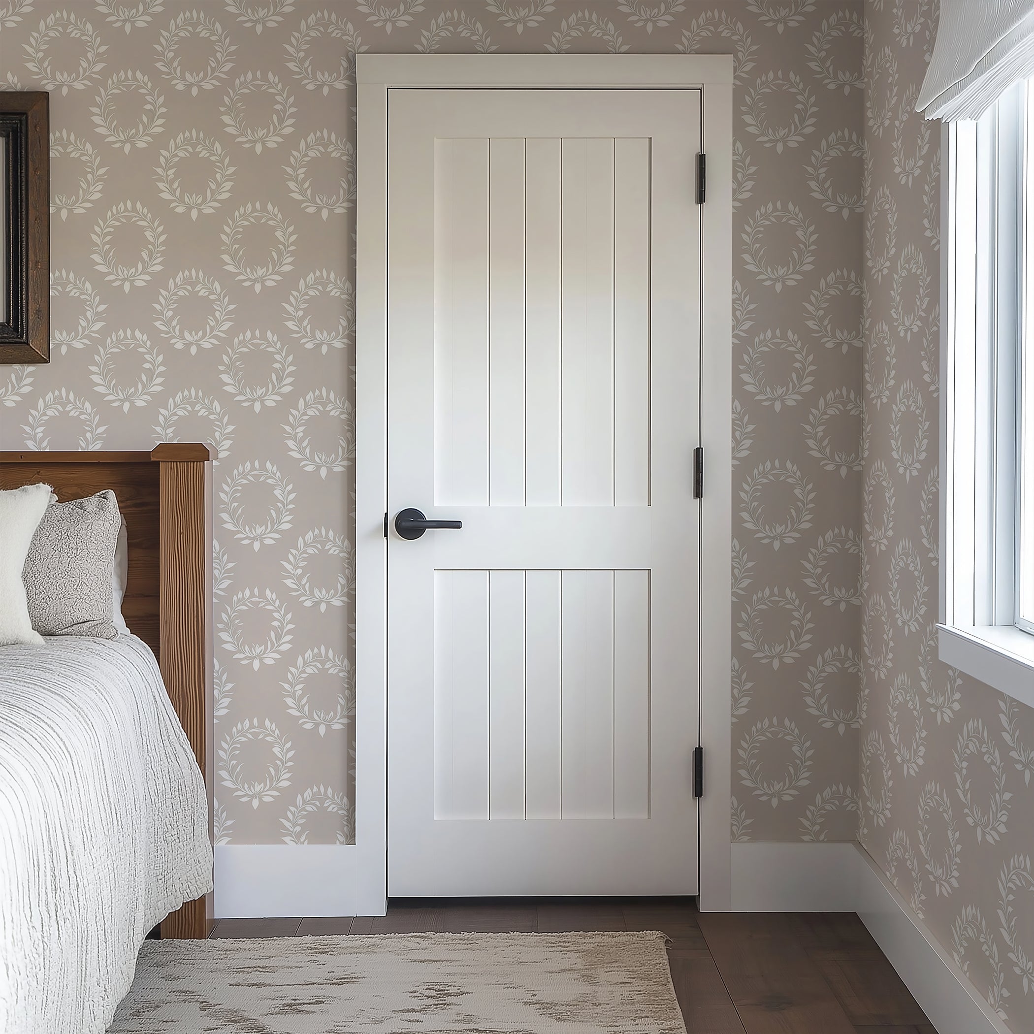 Room with Wreath Reverie wallpaper featuring ivory laurel wreaths on a gray background, enhancing classic interior decor with elegance.