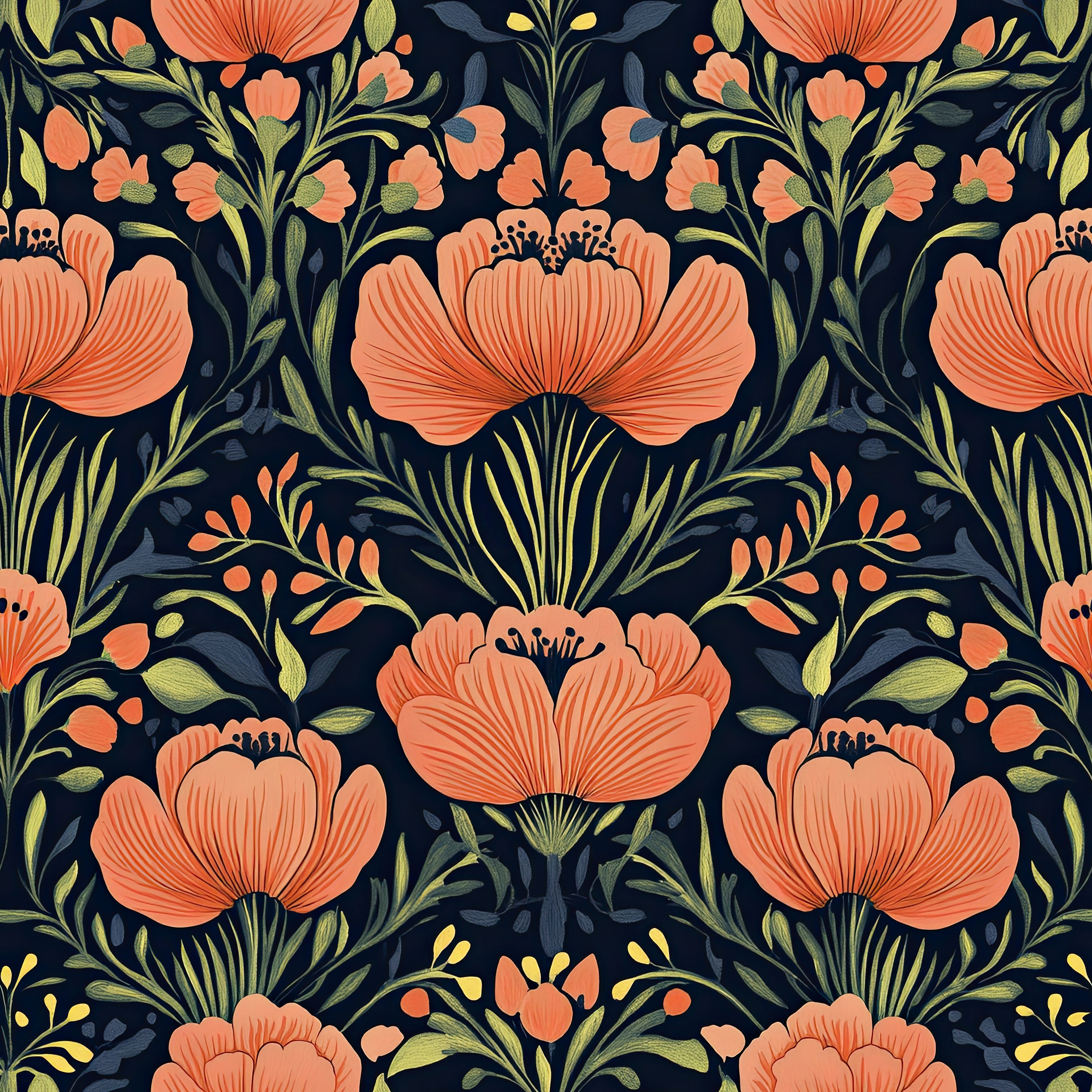 Coral Floral Symphony Wallpaper with vivid coral flowers on black background and olive, gold leaves, ideal for bedrooms and living spaces.
