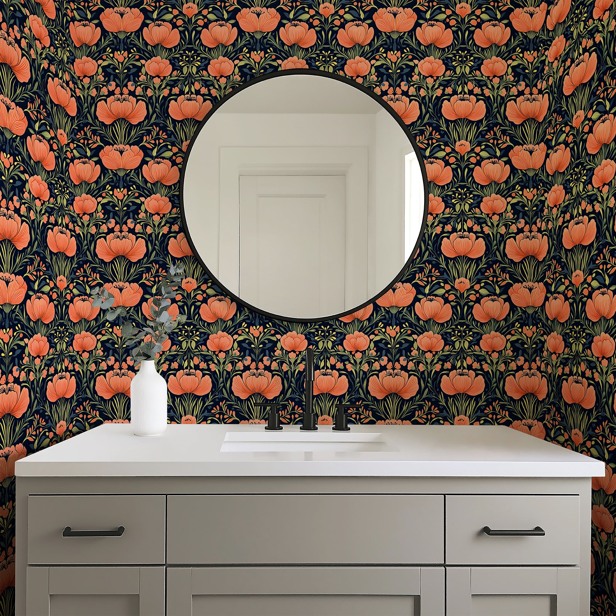 Coral Floral Symphony wallpaper with vivid coral flowers and olive leaves in a bathroom setting. Floral design for bedrooms or living rooms.