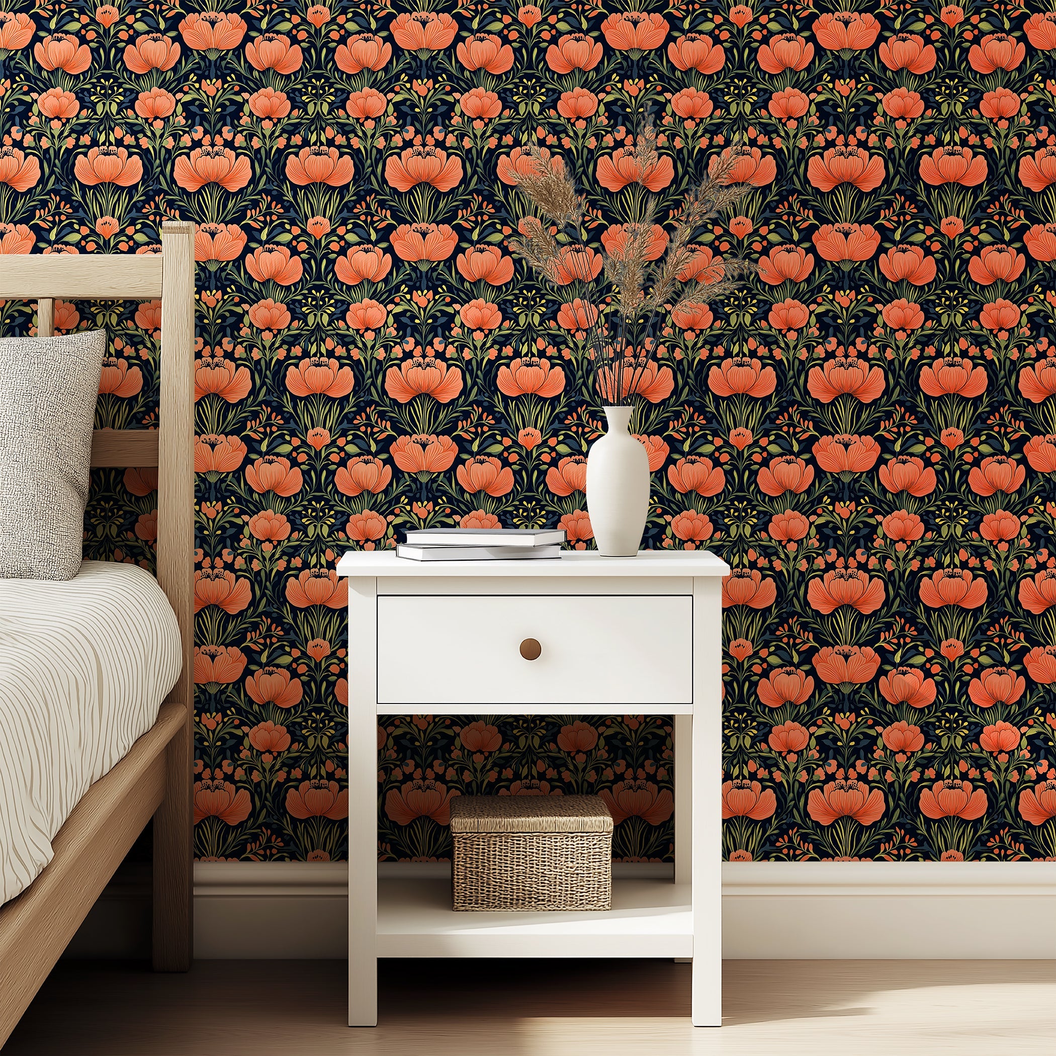 Coral Floral Symphony wallpaper with vivid coral flowers and olive gold leaves on a black background, enhancing a bedroom interior.