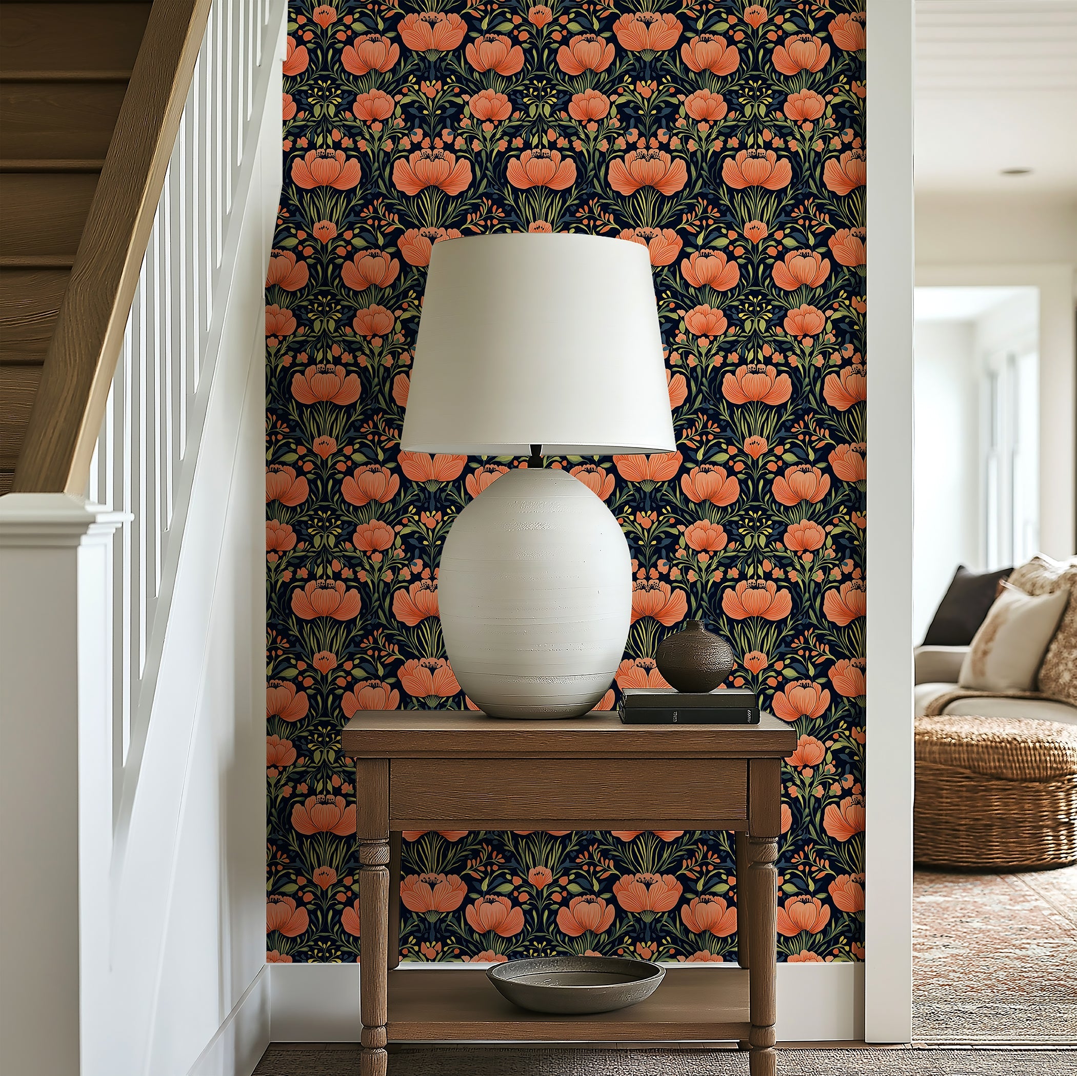 Coral Floral Symphony Wallpaper with vivid flowers and gold leaves on a black background enhancing a room's wall decor.