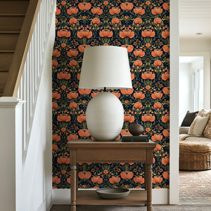 Coral Floral Symphony Wallpaper with vivid flowers and gold leaves on a black background enhancing a room's wall decor.