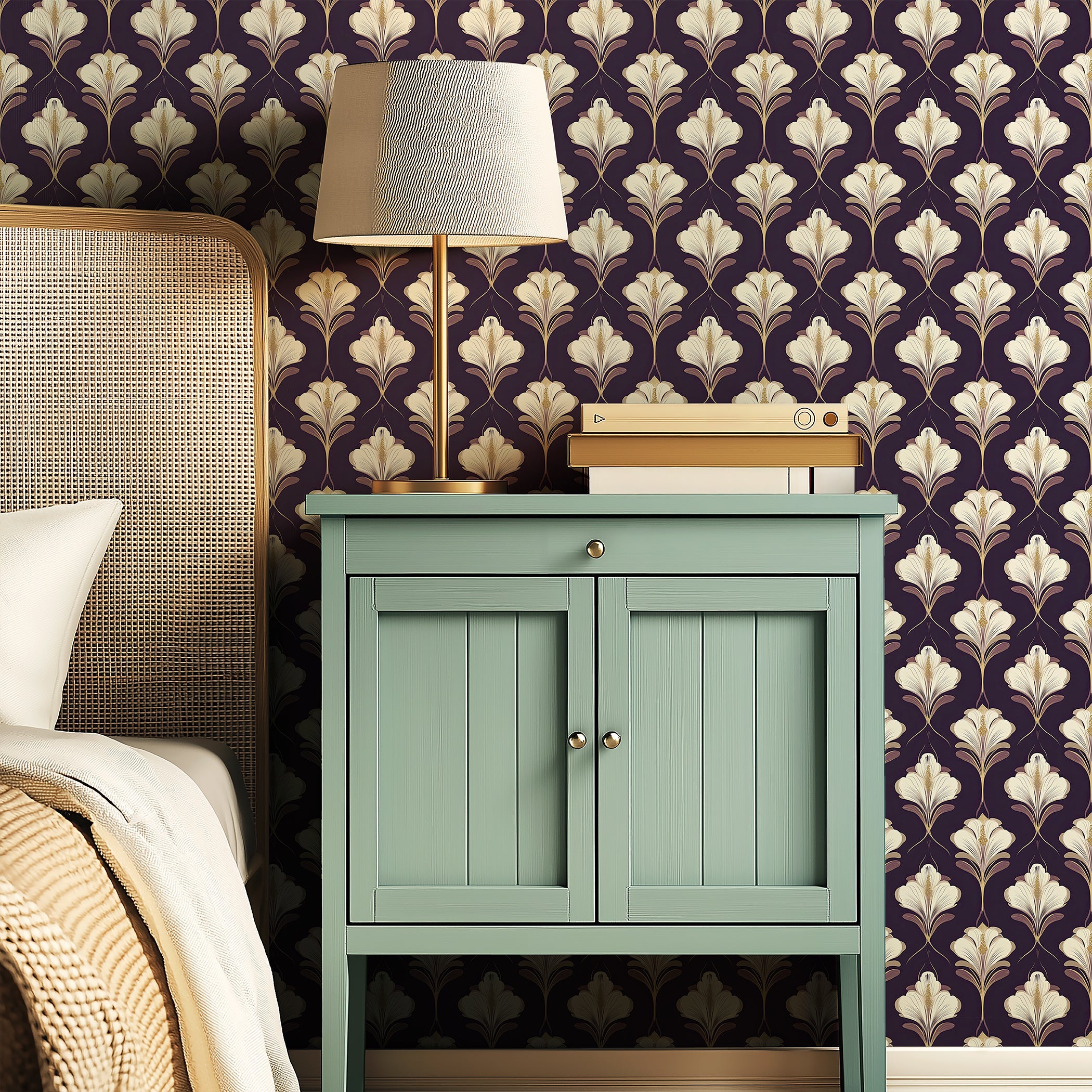 Art Deco purple wallpaper with ivory orchids and golden accents in a bedroom setting, featuring floral Art Nouveau and damask style.