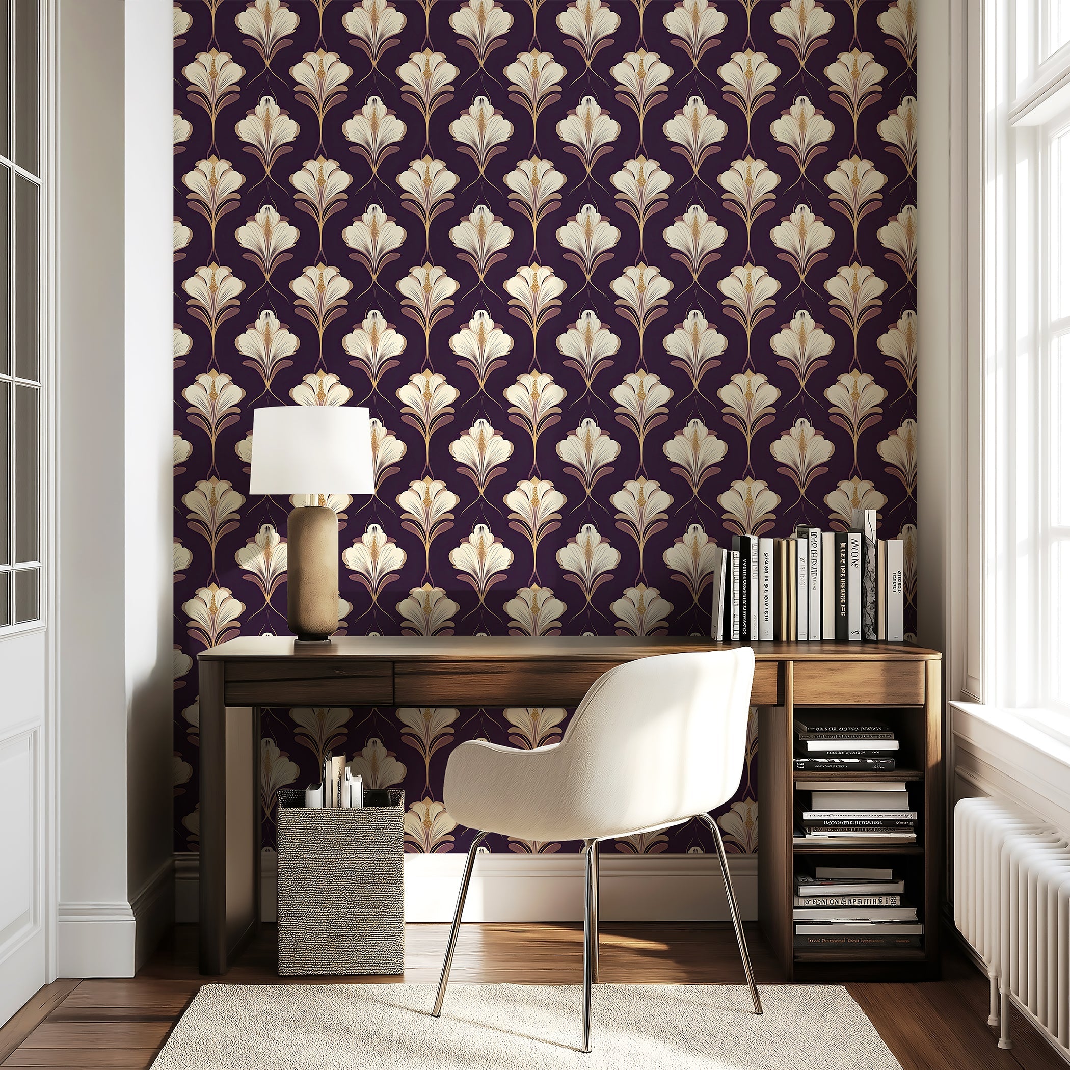 Art Deco ivory orchids on plum wallpaper in elegant room, featuring a desk and chair. Keywords: floral, damask, purple wallpaper.
