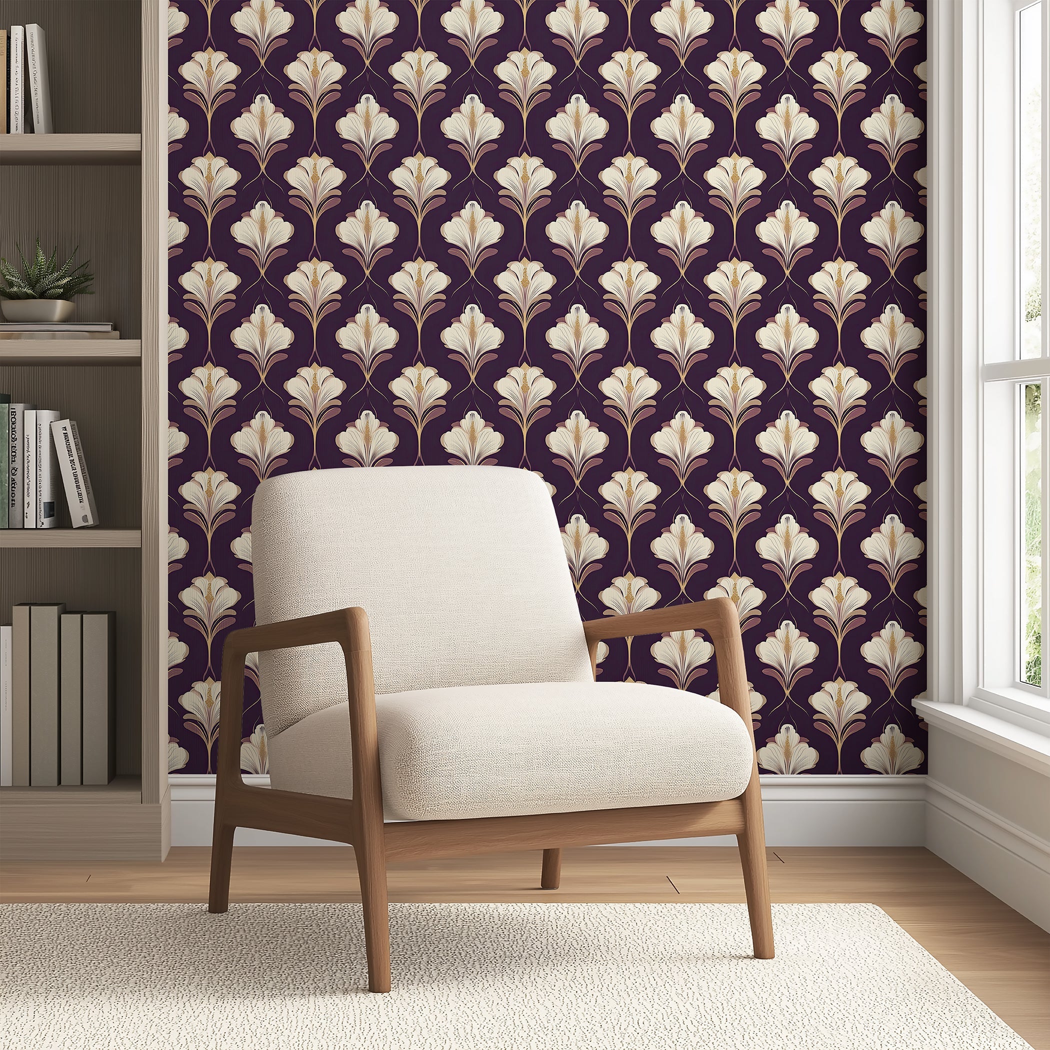 Art Deco floral wallpaper with ivory orchids on plum-black background, featuring modern design and golden accents; ideal for elegant interiors.