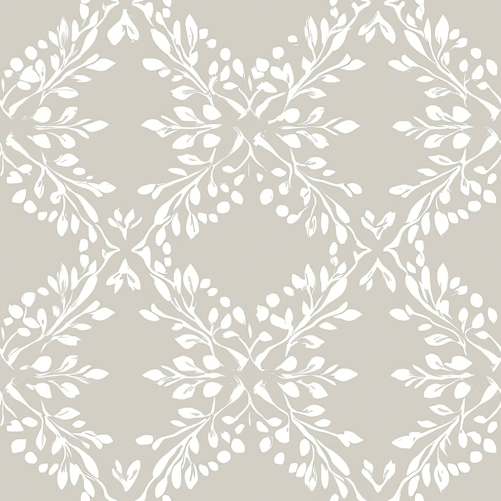 Elegant wallpaper with laurel wreaths and foliage in white and gray, featuring a trellis pattern with branches. Whimsical Trellis Melody.