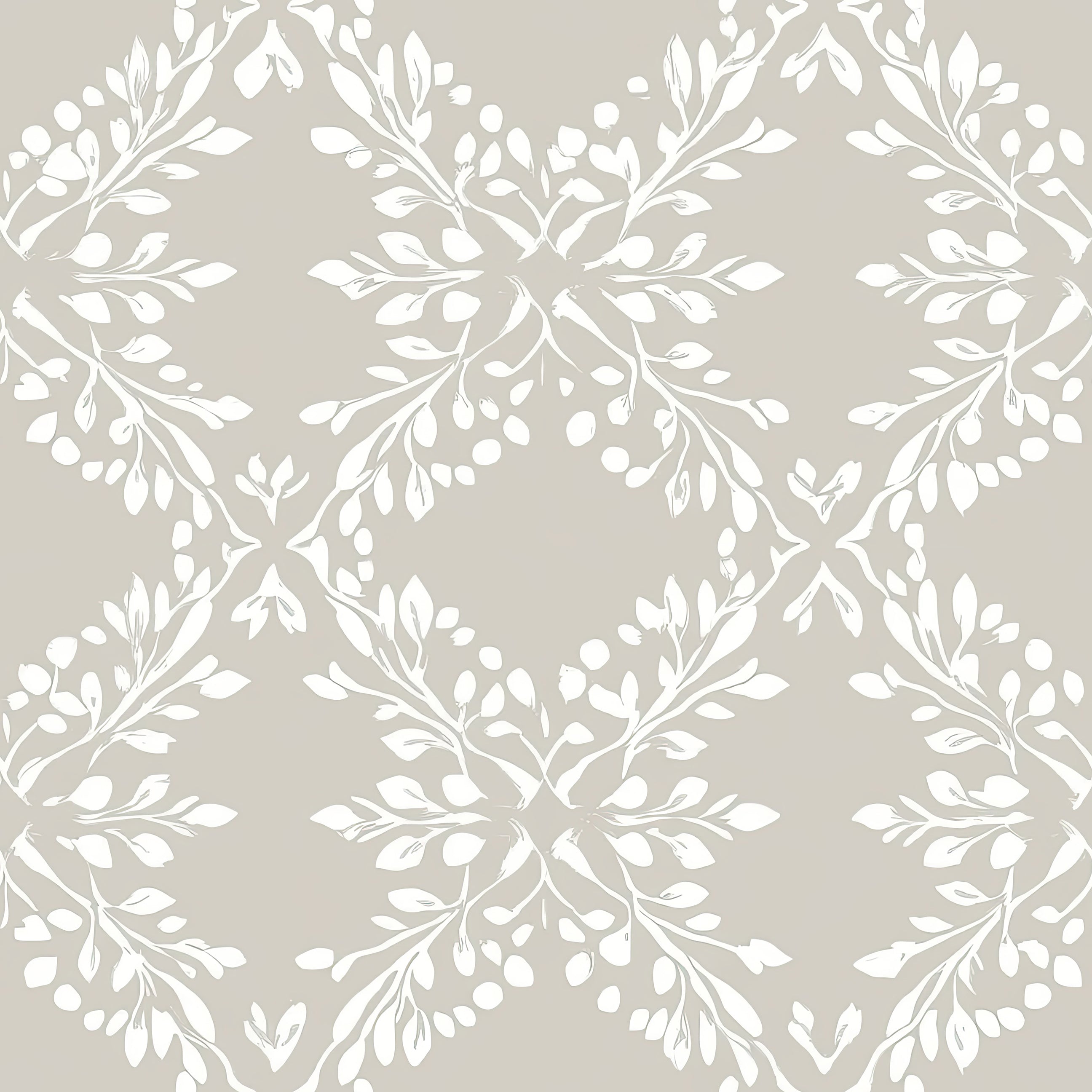 Elegant wallpaper with laurel wreaths and foliage in white and gray, featuring a trellis pattern with branches. Whimsical Trellis Melody.