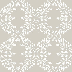 Elegant wallpaper with laurel wreaths and foliage in white and gray, featuring a trellis pattern with branches. Whimsical Trellis Melody.