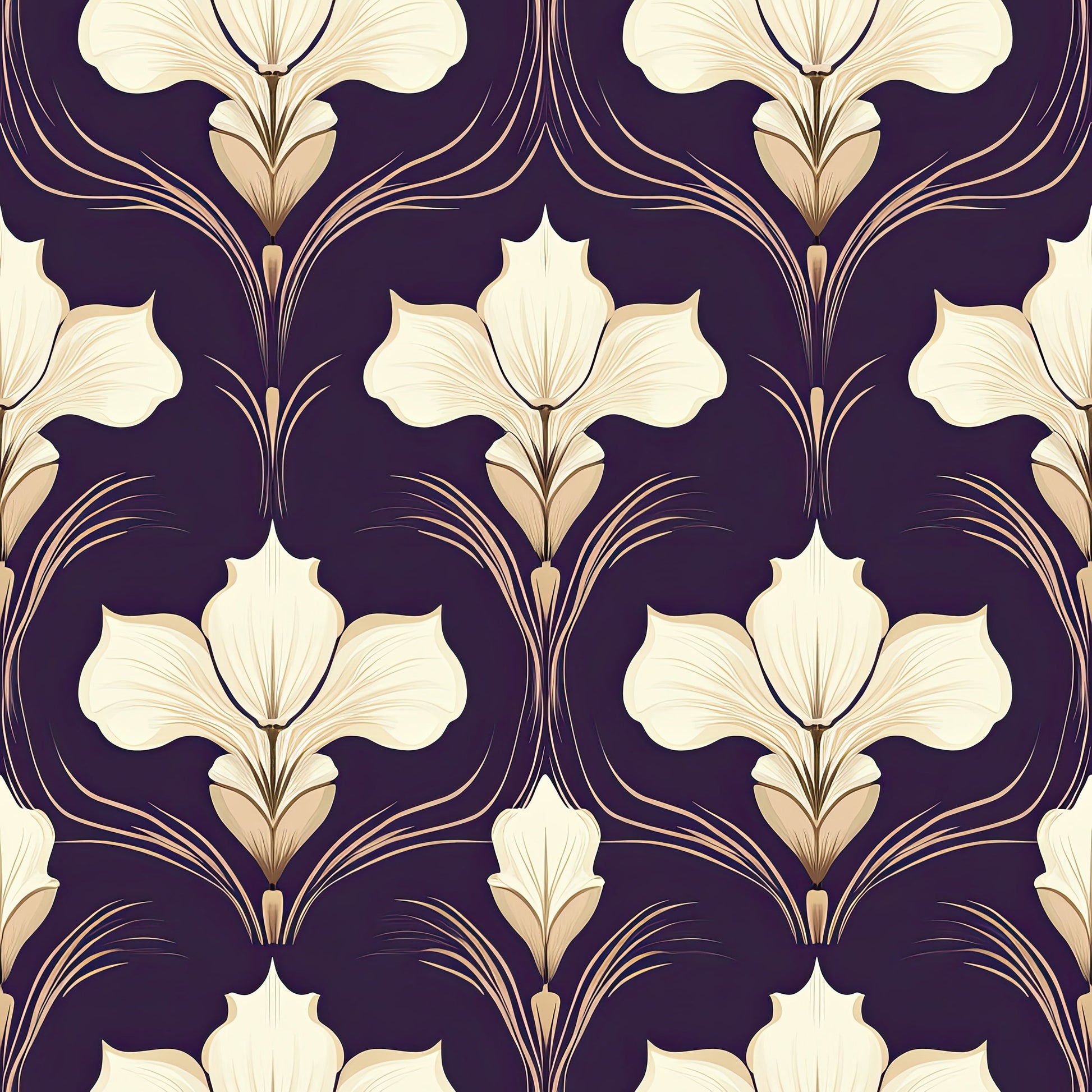 Art Deco wallpaper with ivory iris flowers and golden tones on a purple background, featuring floral, Art Nouveau, and damask patterns.