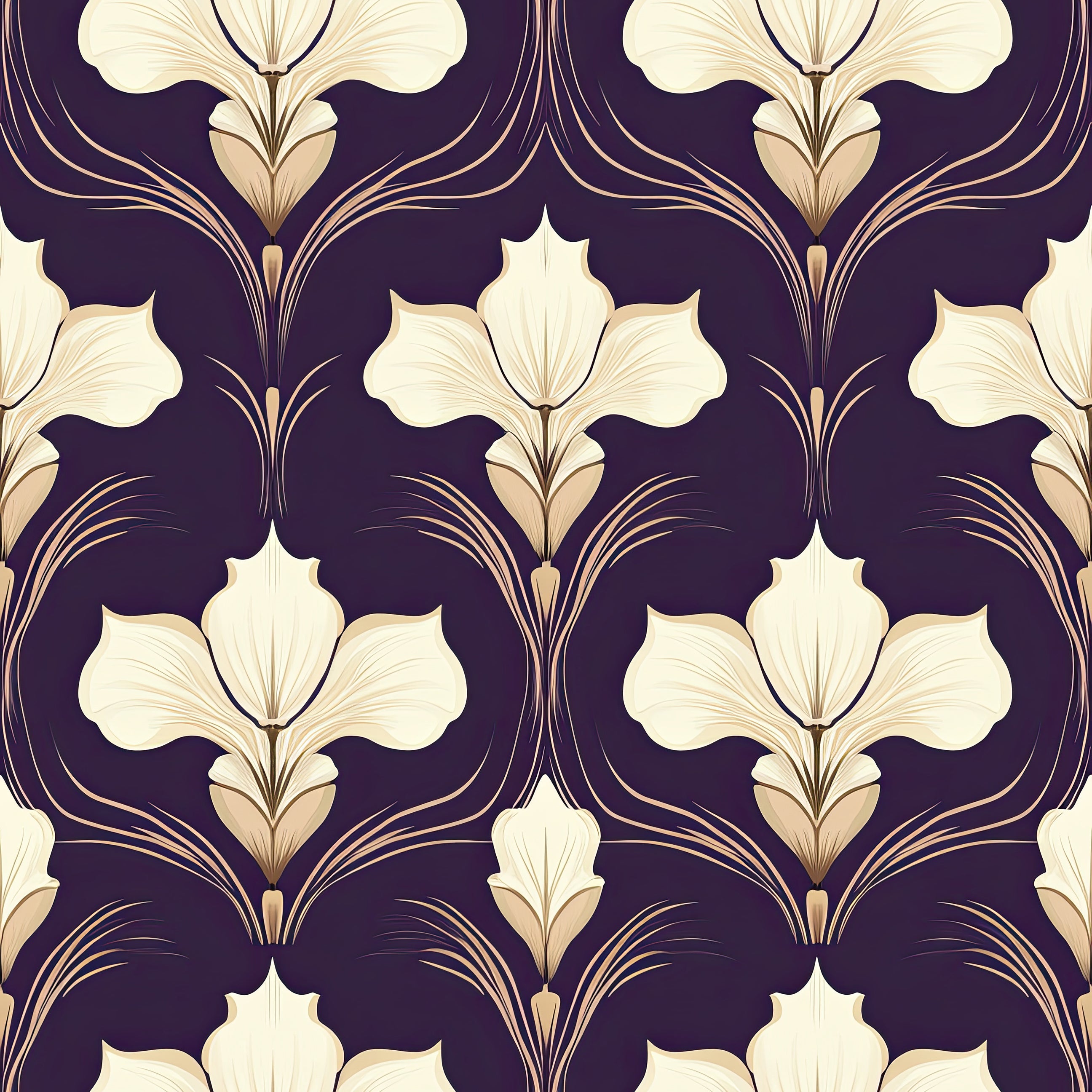 Art Deco wallpaper with ivory iris flowers and golden tones on a purple background, featuring floral, Art Nouveau, and damask patterns.