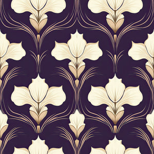Art Deco wallpaper with ivory iris flowers and golden tones on a purple background, featuring floral, Art Nouveau, and damask patterns.