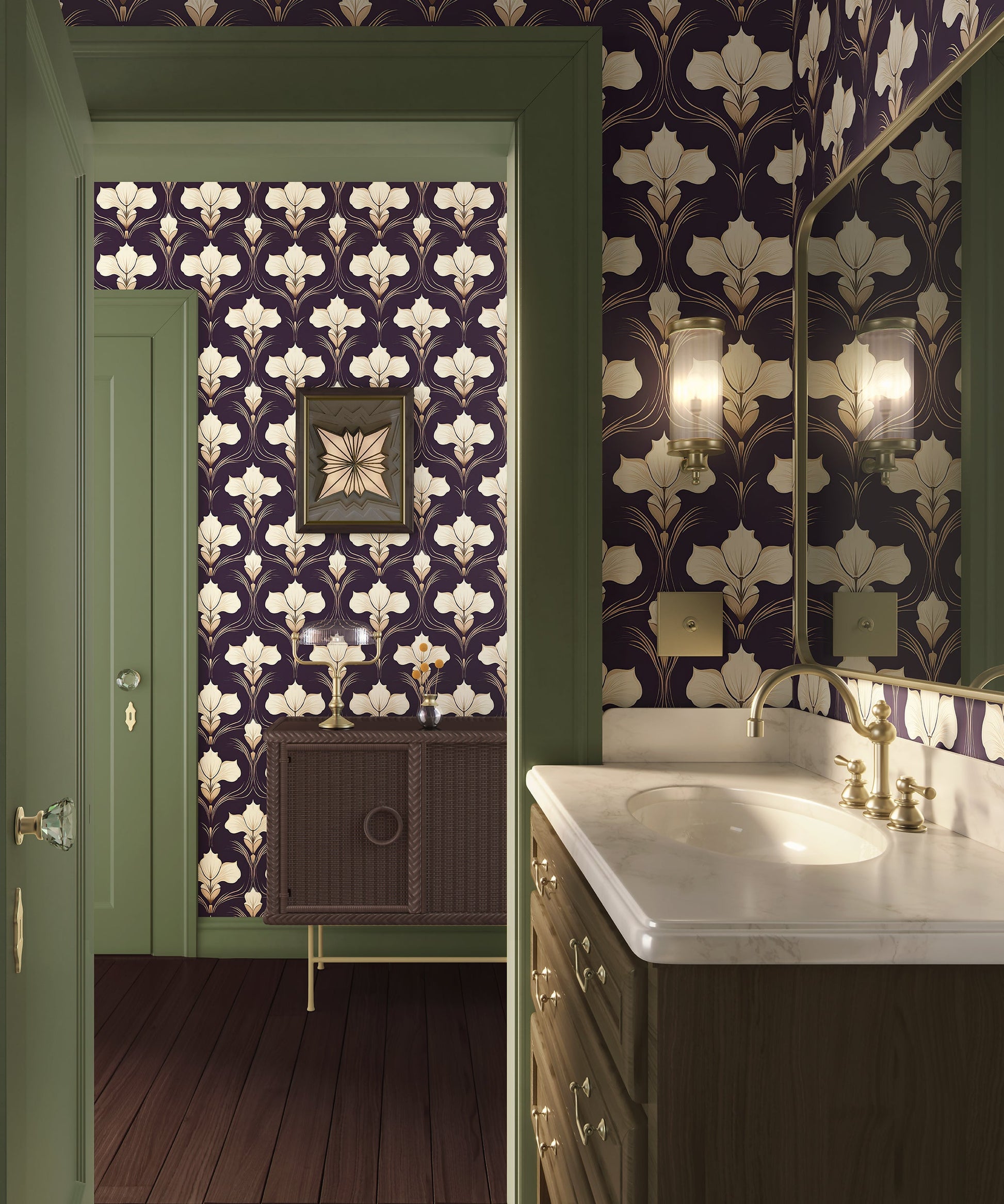 Bathroom with gilded iris motif wallpaper, featuring ivory flowers and golden tones on a plum background, displaying floral art deco style.