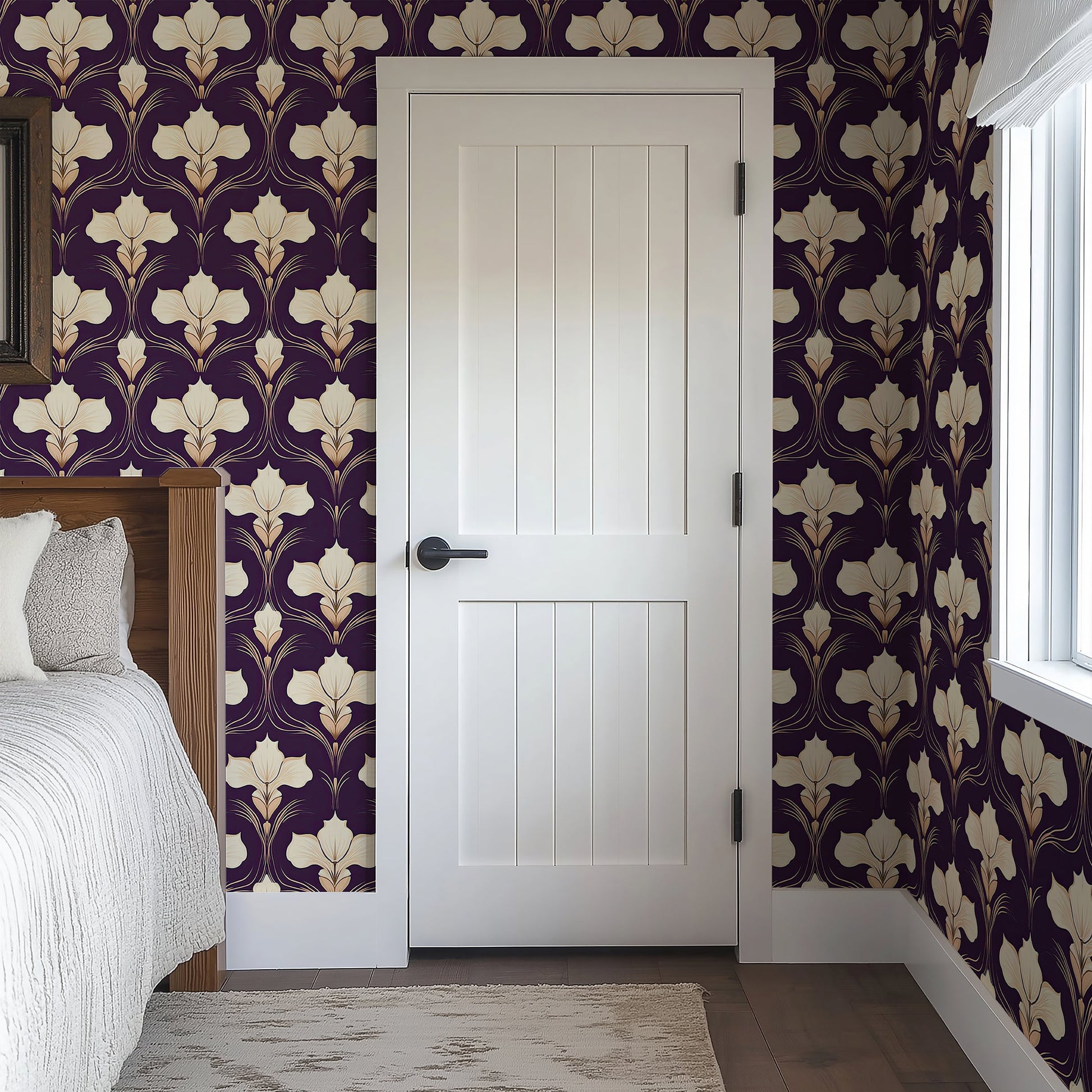 Gilded Iris Motif Wallpaper with ivory flowers on purple background, art deco, floral elegance for luxury interiors.