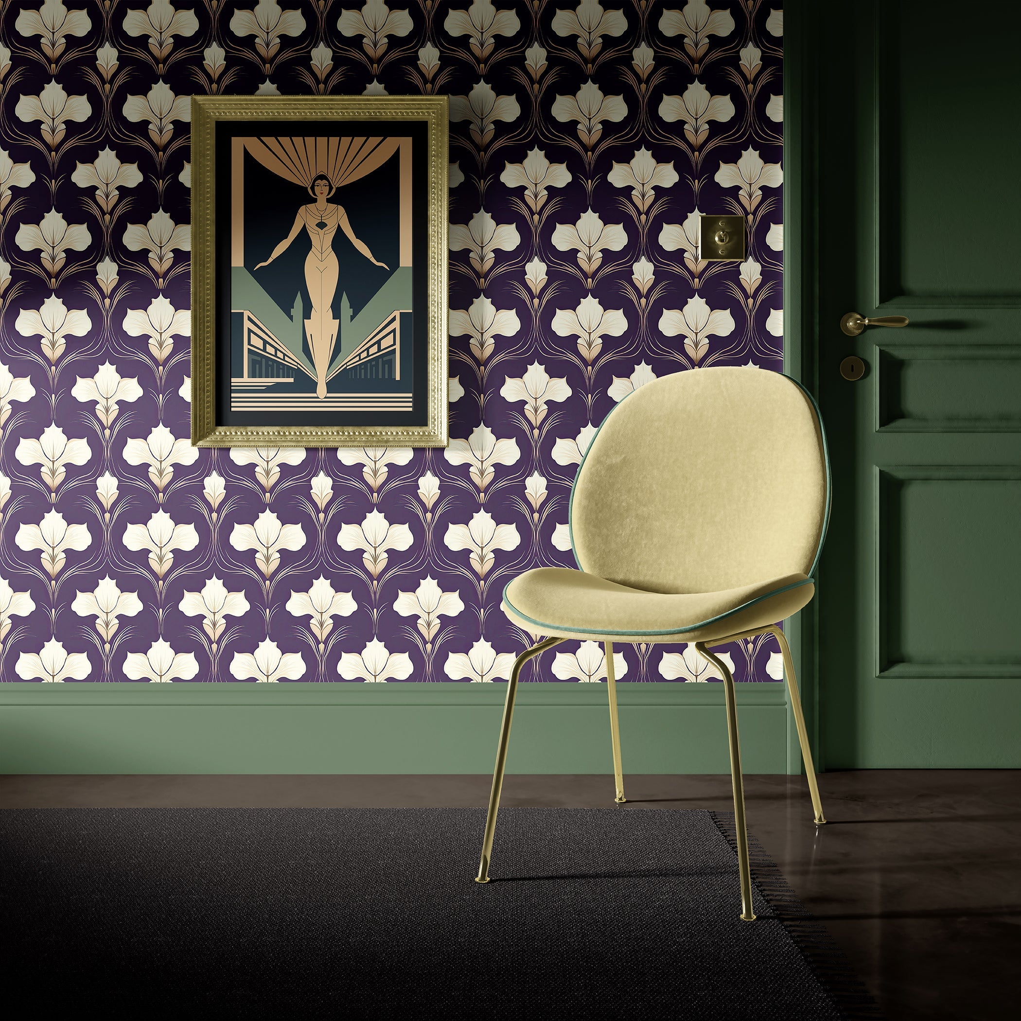 Art Deco inspired Gilded Iris Motif wallpaper with ivory floral design on a purple background, featuring a stylish chair and framed artwork.