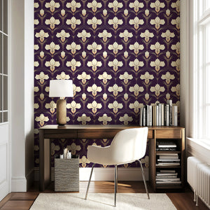 Art Deco style wallpaper with ivory iris flowers on a purple background in a modern room, featuring a desk and chair.