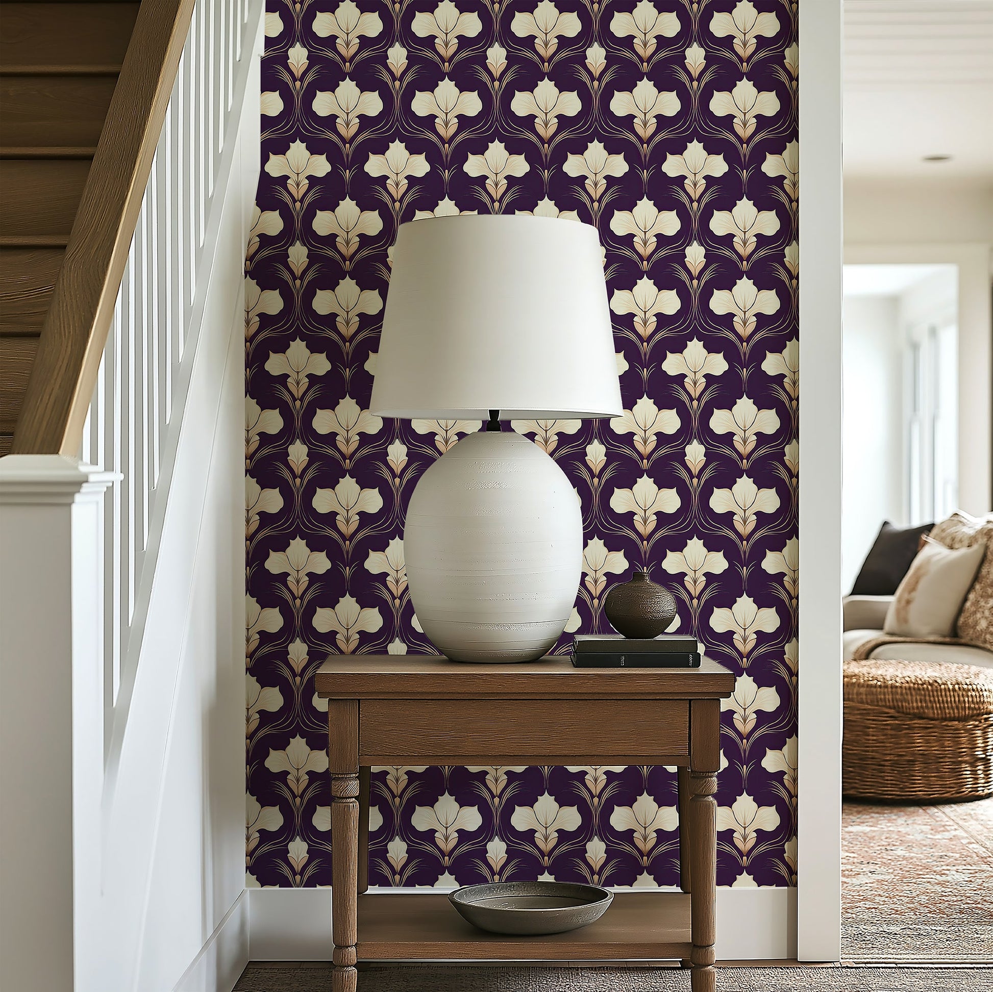 Gilded Iris Motif Wallpaper featuring ivory floral design with gold undertones on a purple background, perfect for an Art Deco interior.