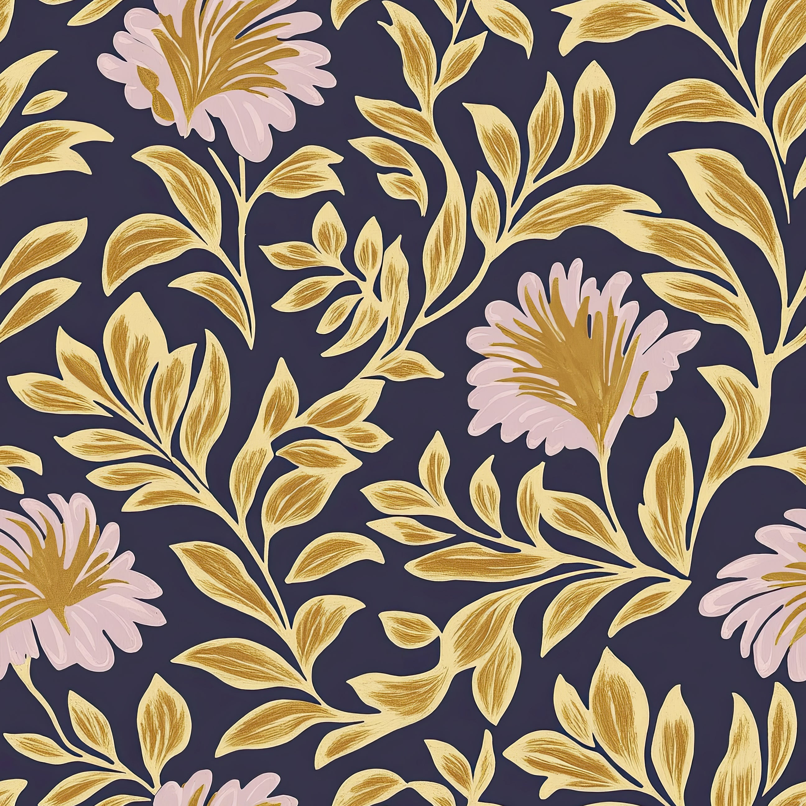 Elegant floral wallpaper with blush flowers and golden leaves on a deep navy background, blending traditional and modern designs.