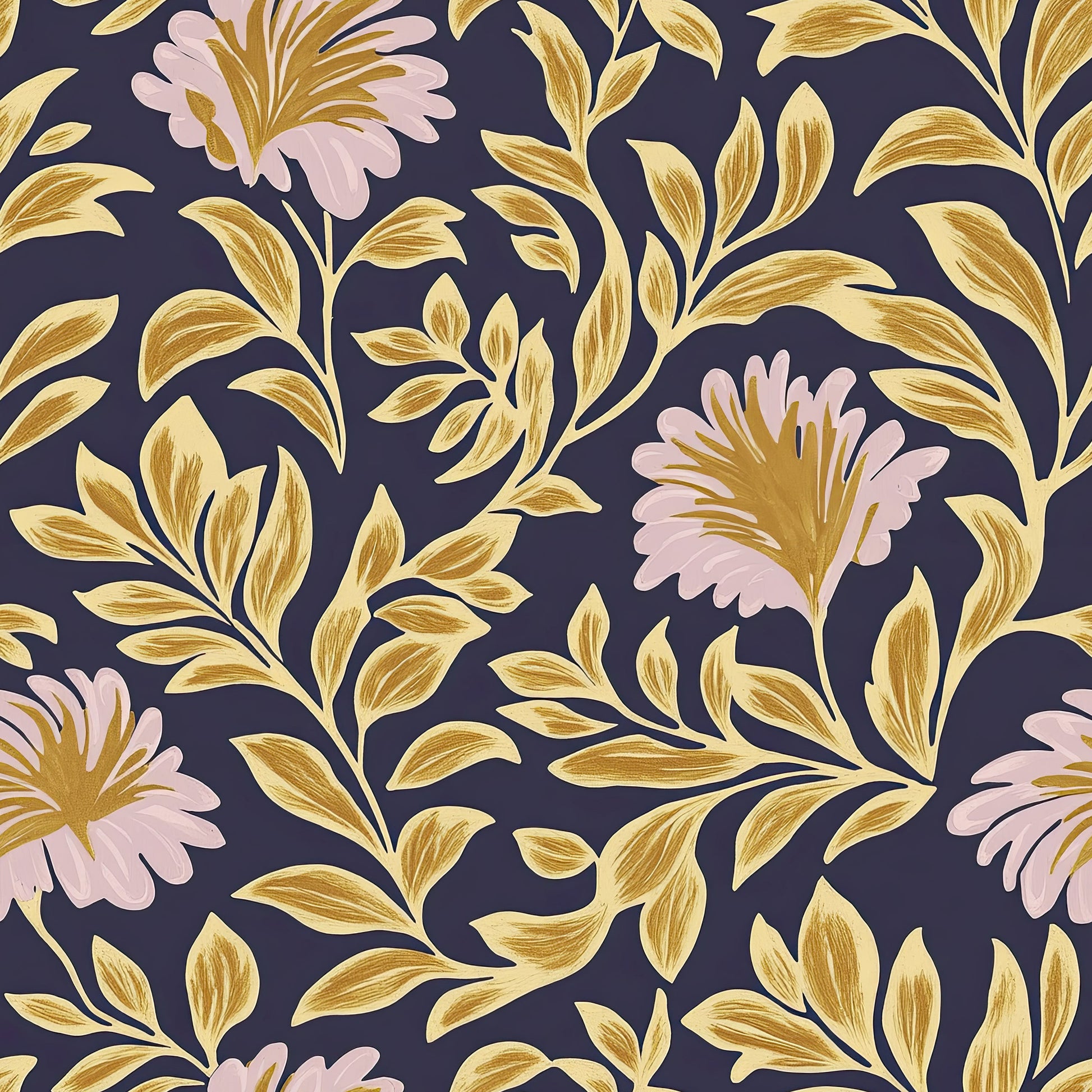 Elegant floral wallpaper with blush flowers and golden leaves on a deep navy background, blending traditional and modern designs.