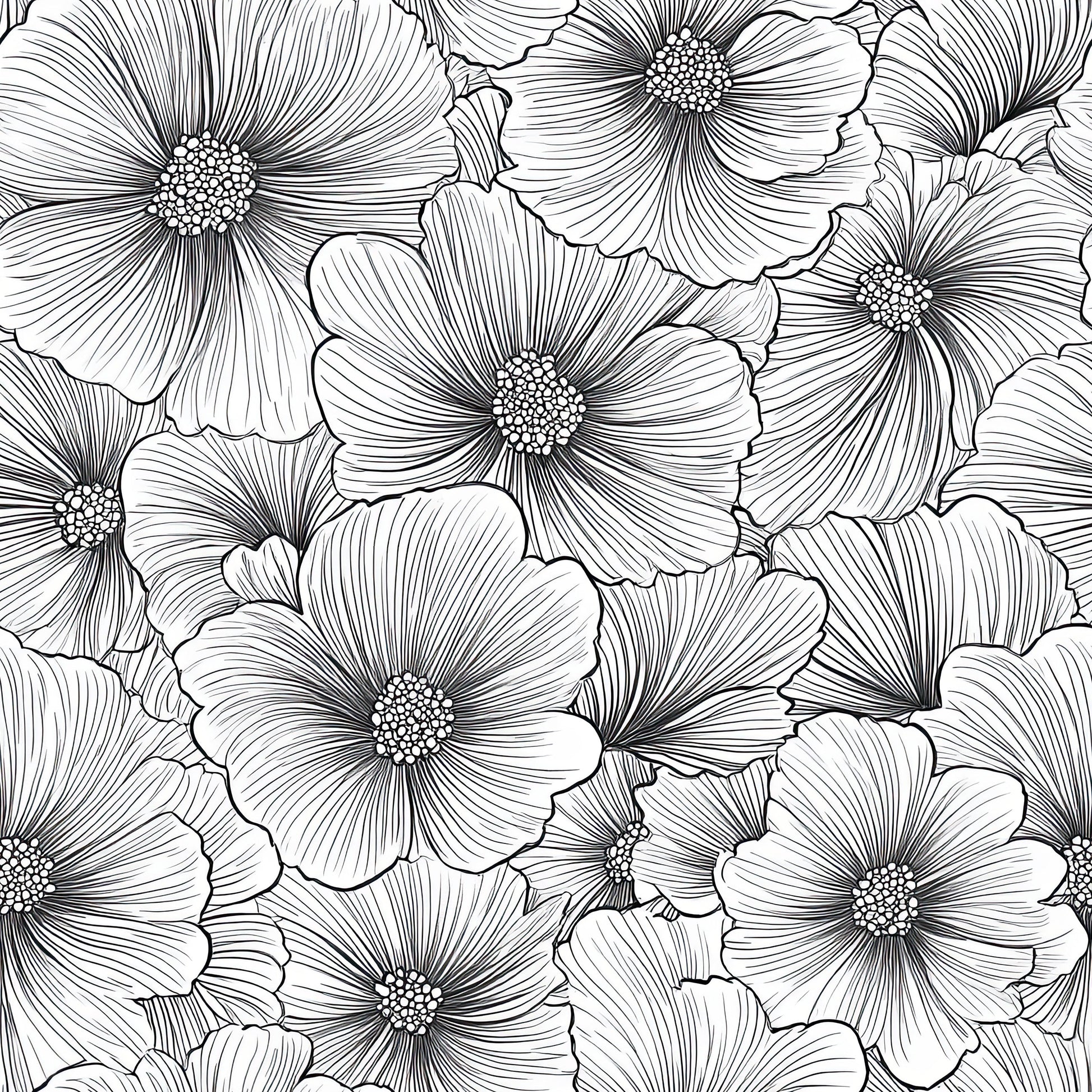 Monochrome floral pattern featuring hand-drawn flowers in black and white, perfect for modern design wallpaper.