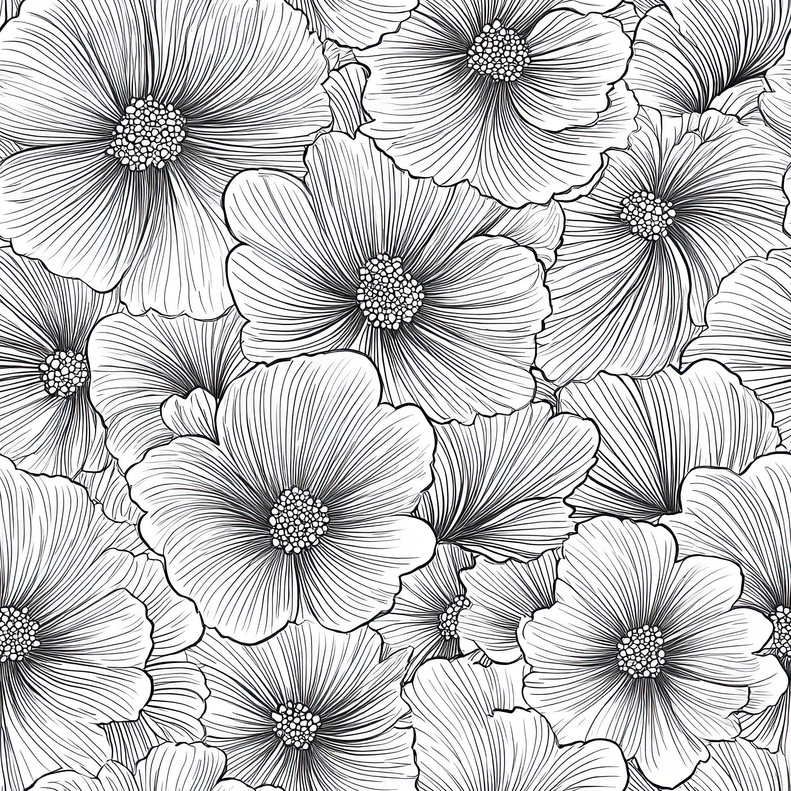Monochrome floral pattern featuring hand-drawn flowers in black and white, perfect for modern design wallpaper.