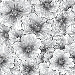 Monochrome floral pattern featuring hand-drawn flowers in black and white, perfect for modern design wallpaper.