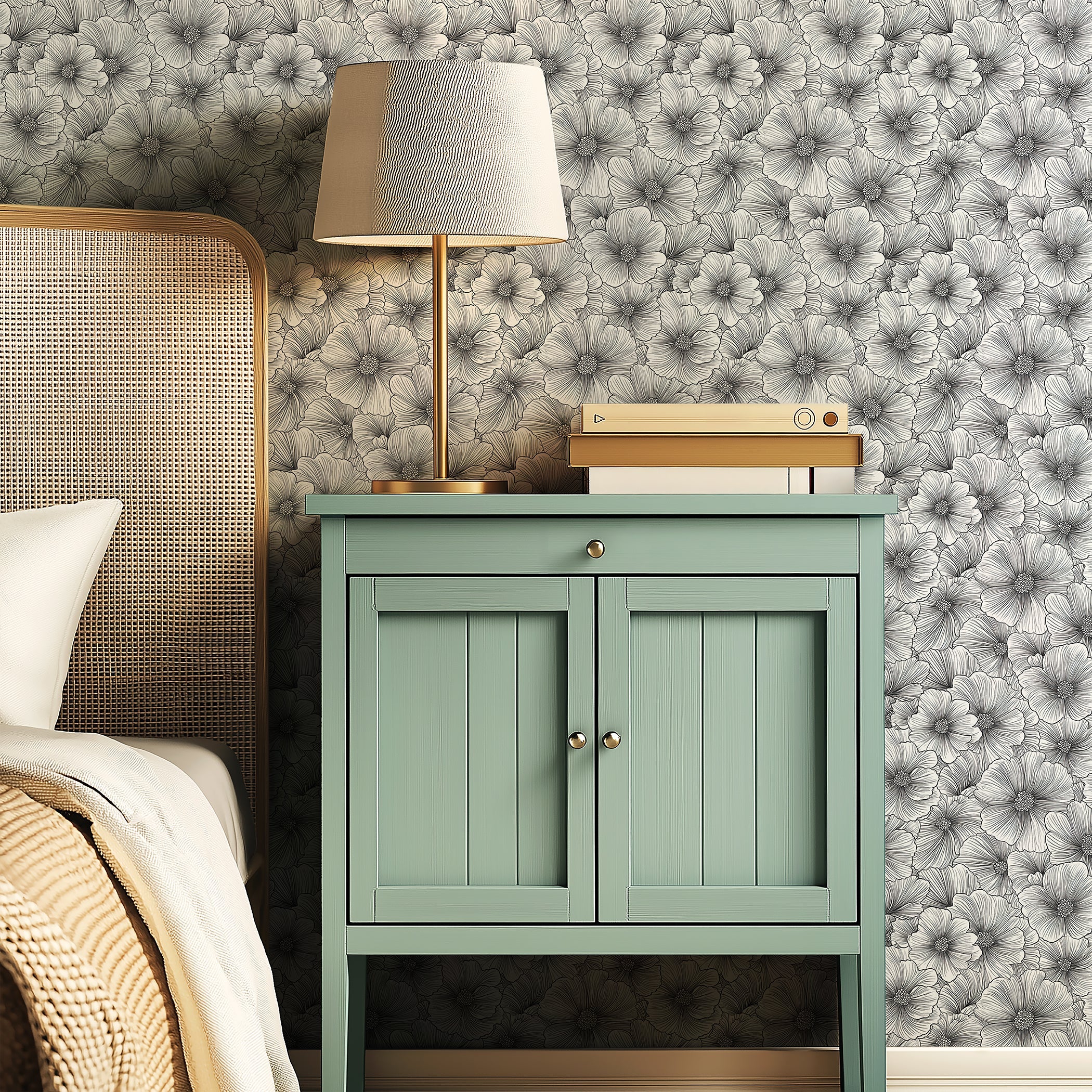 Monochromatic Inked Petals wallpaper with a modern design in a bedroom featuring a green nightstand and lamp.