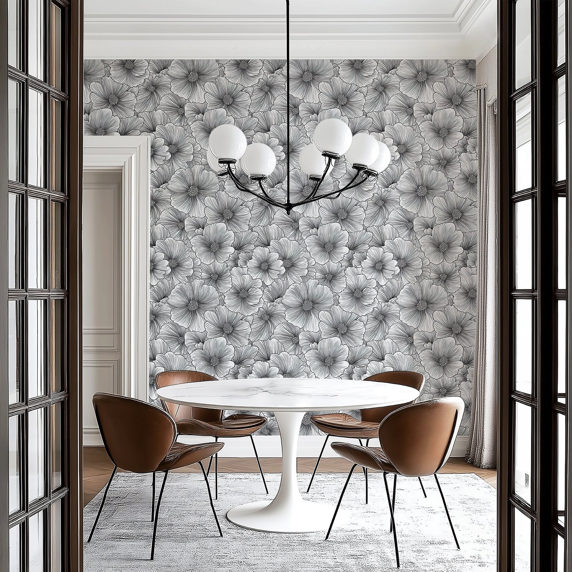 Inked Petals wallpaper featuring monochromatic floral design in a modern dining space with stylish furniture.