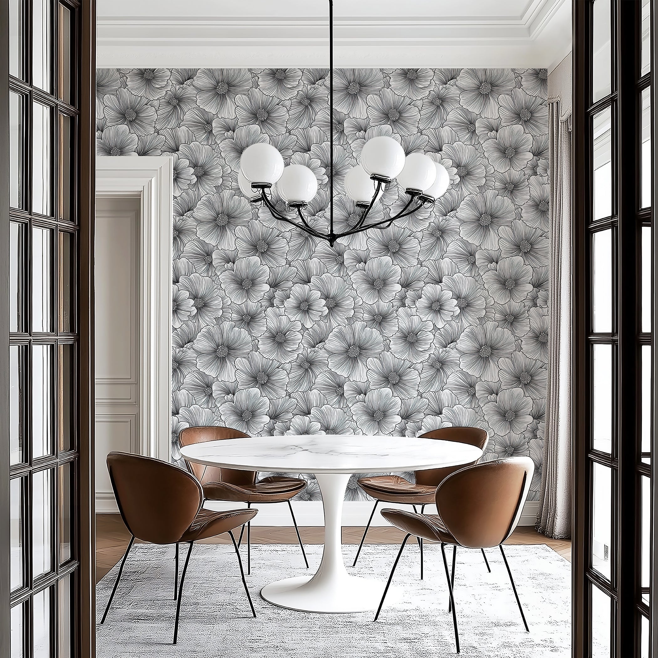 Inked Petals wallpaper featuring monochromatic floral design in a modern dining space with stylish furniture.