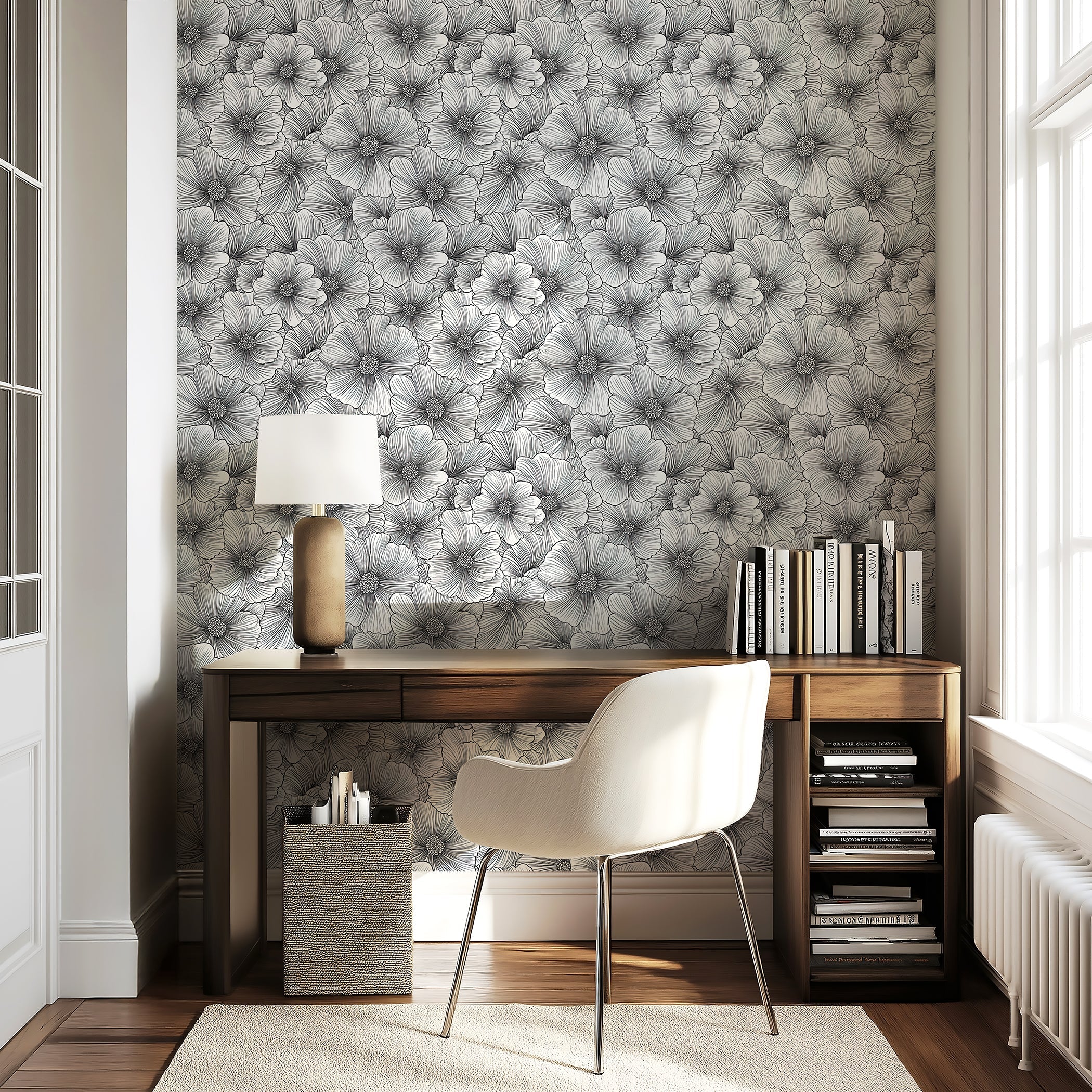 Monochrome floral wallpaper featuring intricate black-and-white flowers in a modern office space.