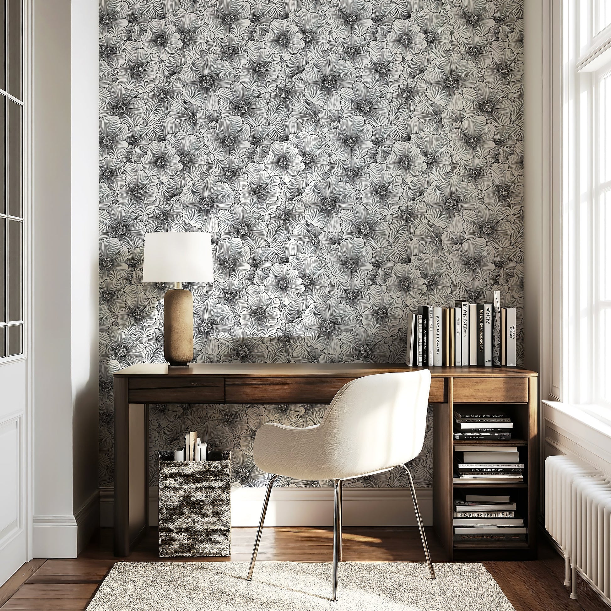 Monochrome floral wallpaper featuring intricate black-and-white flowers in a modern office space.