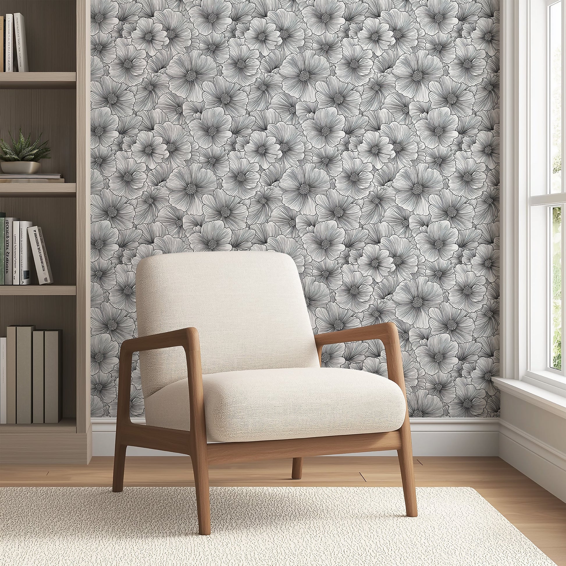 Inked Petals wallpaper featuring hand-drawn floral design in black and white, enhancing modern interior decor.