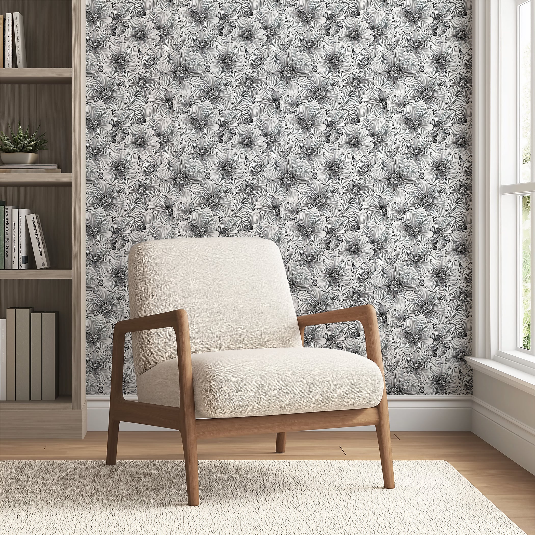 Inked Petals wallpaper featuring hand-drawn floral design in black and white, enhancing modern interior decor.