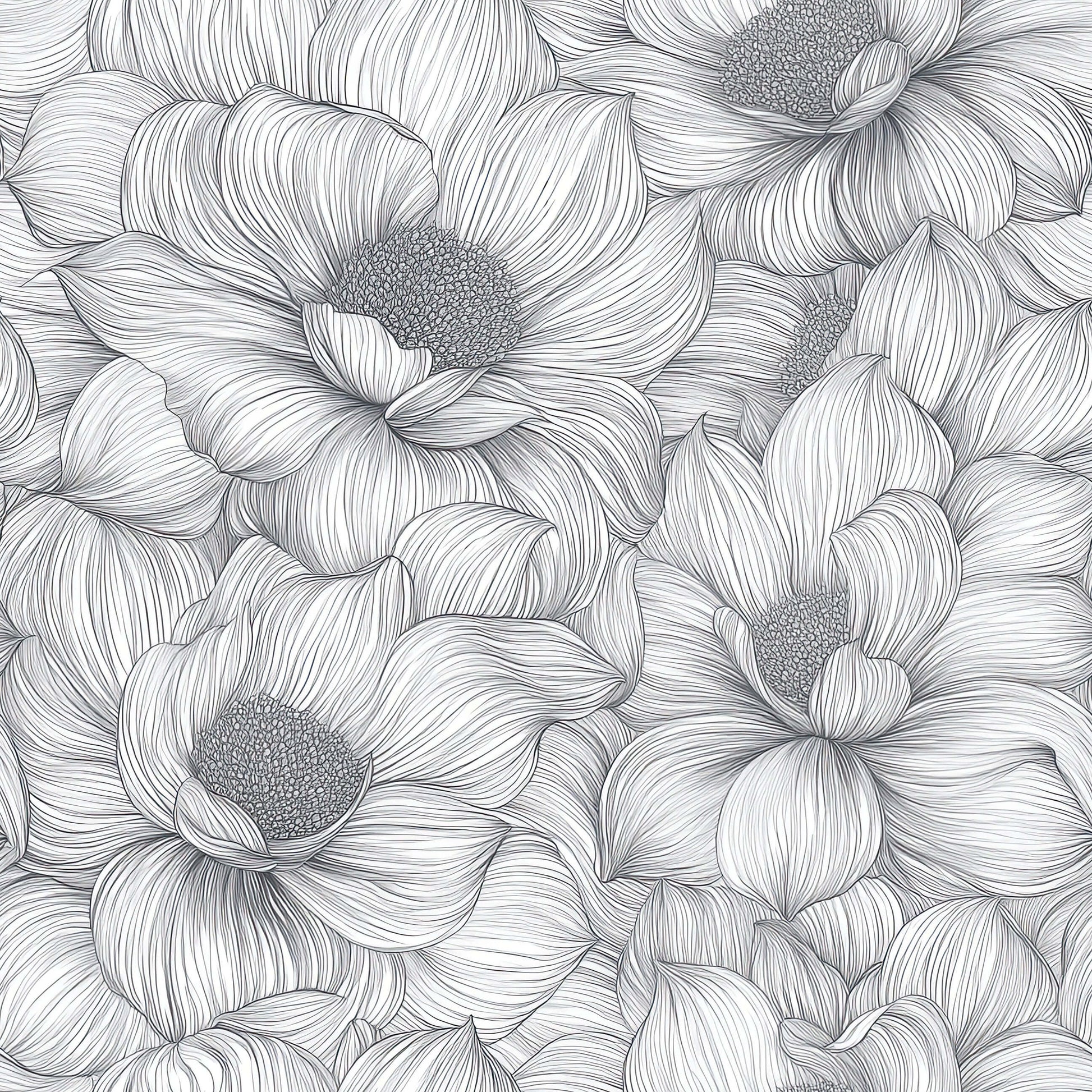 Monochrome floral wallpaper with delicate graphite flowers, ideal for modern interiors. Botanical design featuring soft hand-inked florals.
