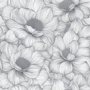 Monochrome floral wallpaper with delicate graphite flowers, ideal for modern interiors. Botanical design featuring soft hand-inked florals.