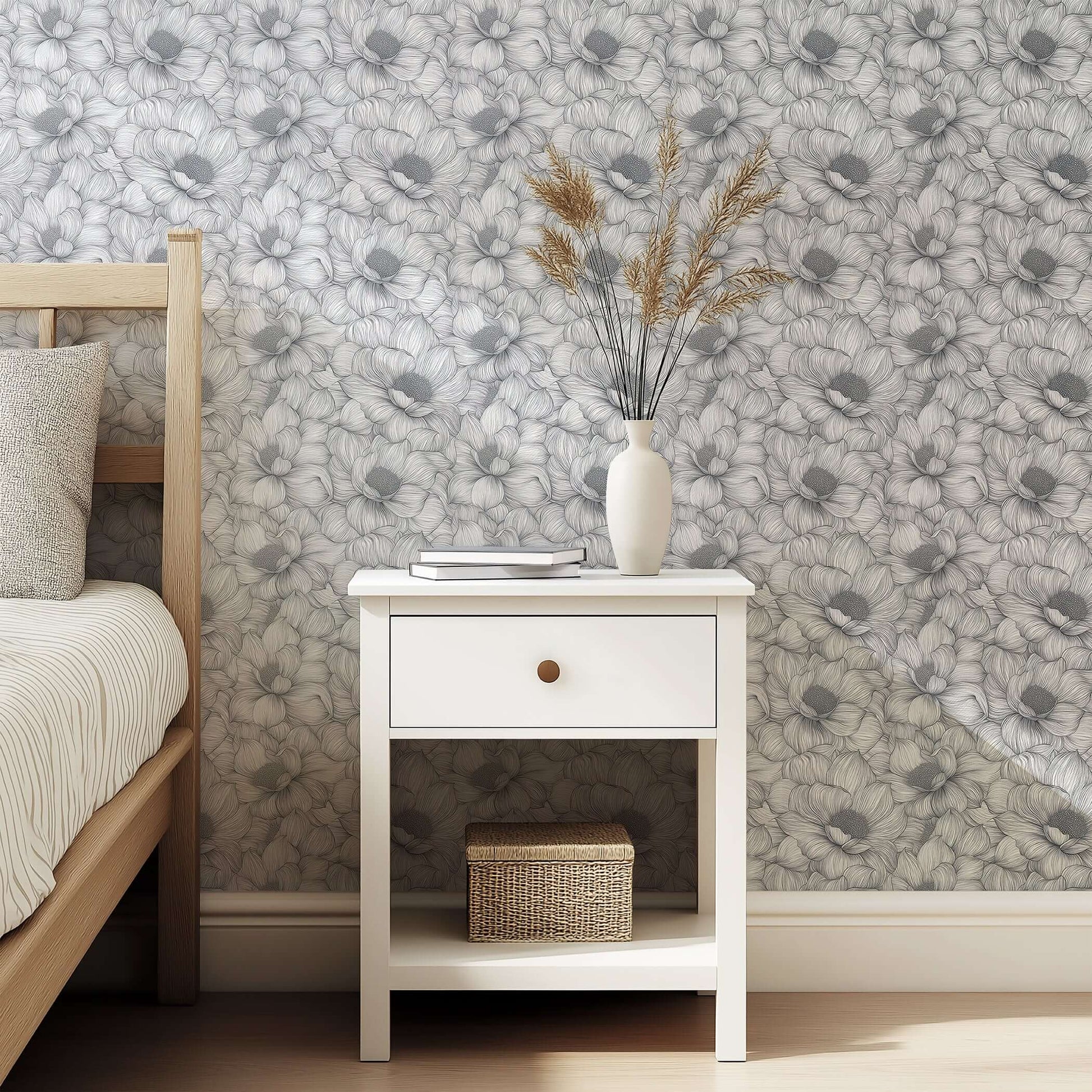 Monochrome botanical wallpaper with hand-inked floral design in graphite tones, enhancing a modern bedroom space with organic elegance.