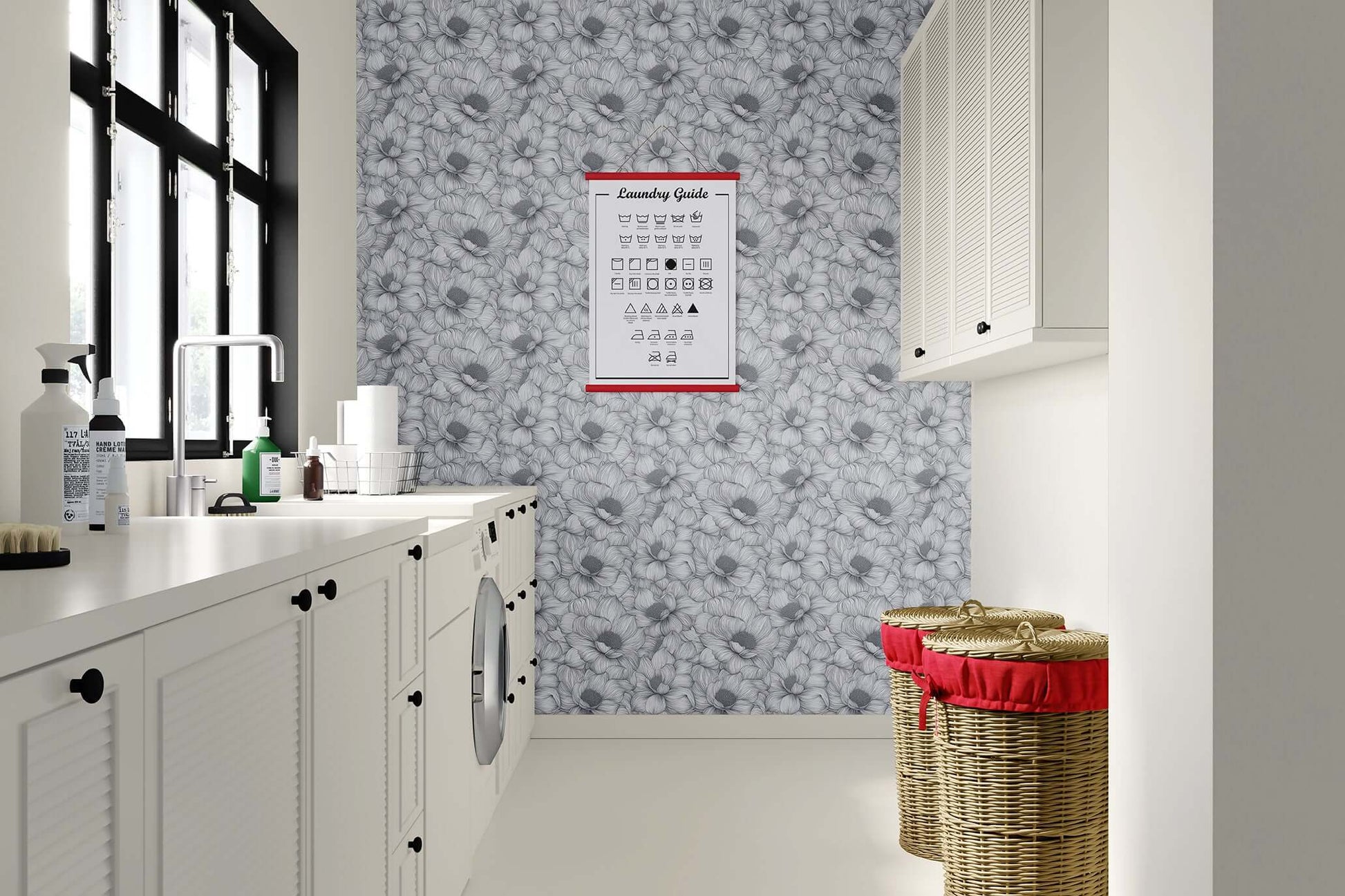 Modern laundry room with "Graphite Garden Dance" monochrome floral wallpaper, creating a sophisticated botanical-inspired ambience.