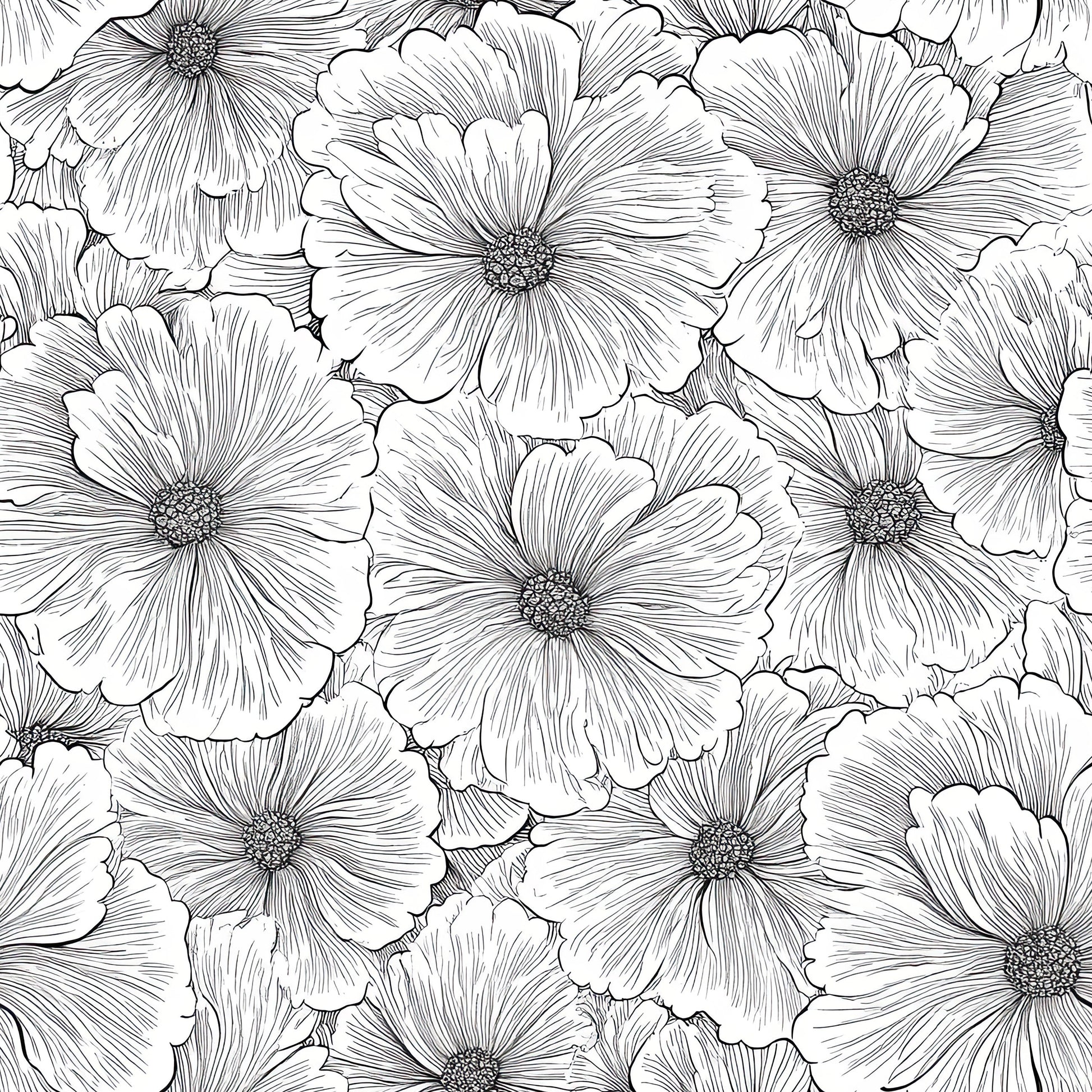 Monochromatic floral wallpaper featuring detailed black line art flowers on a white background.