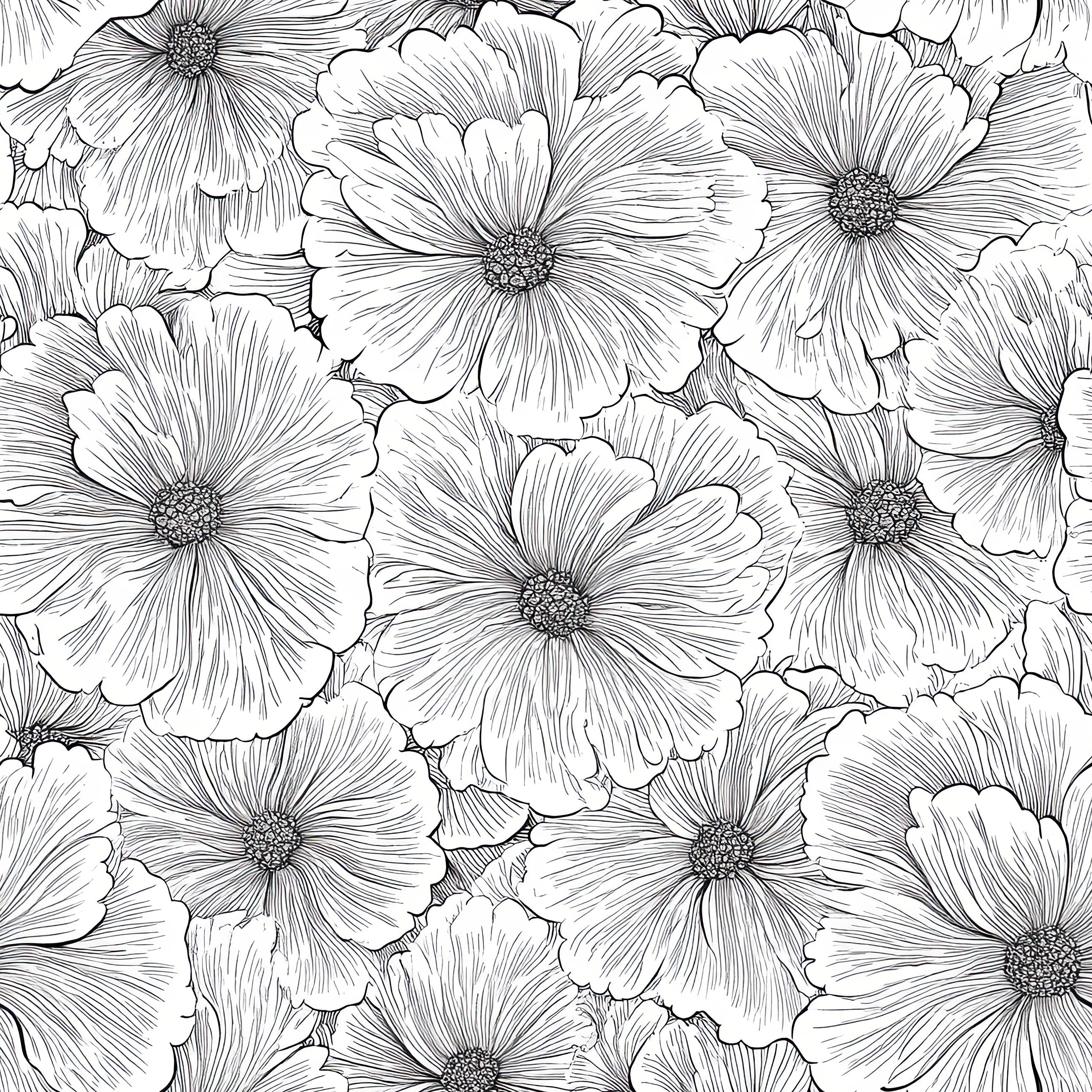 Monochromatic floral wallpaper featuring detailed black line art flowers on a white background.