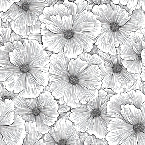 Monochromatic floral wallpaper featuring detailed black line art flowers on a white background.