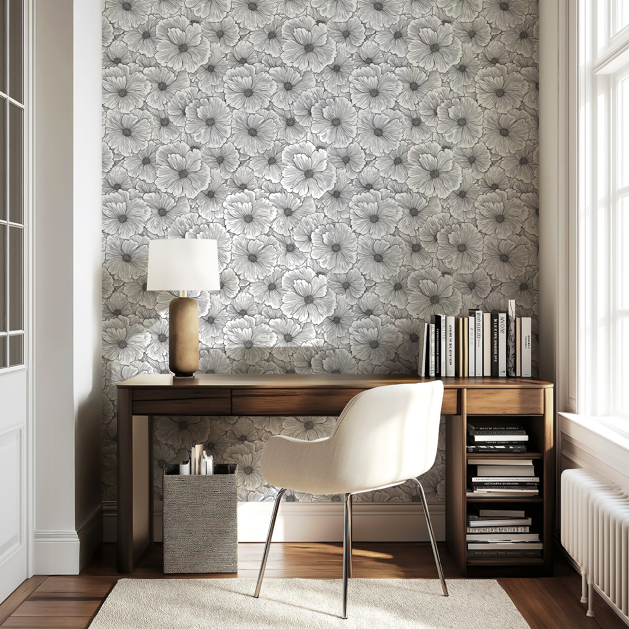 Monochrome floral wallpaper in modern office setting, showcasing hand-drawn flower patterns in black and white.