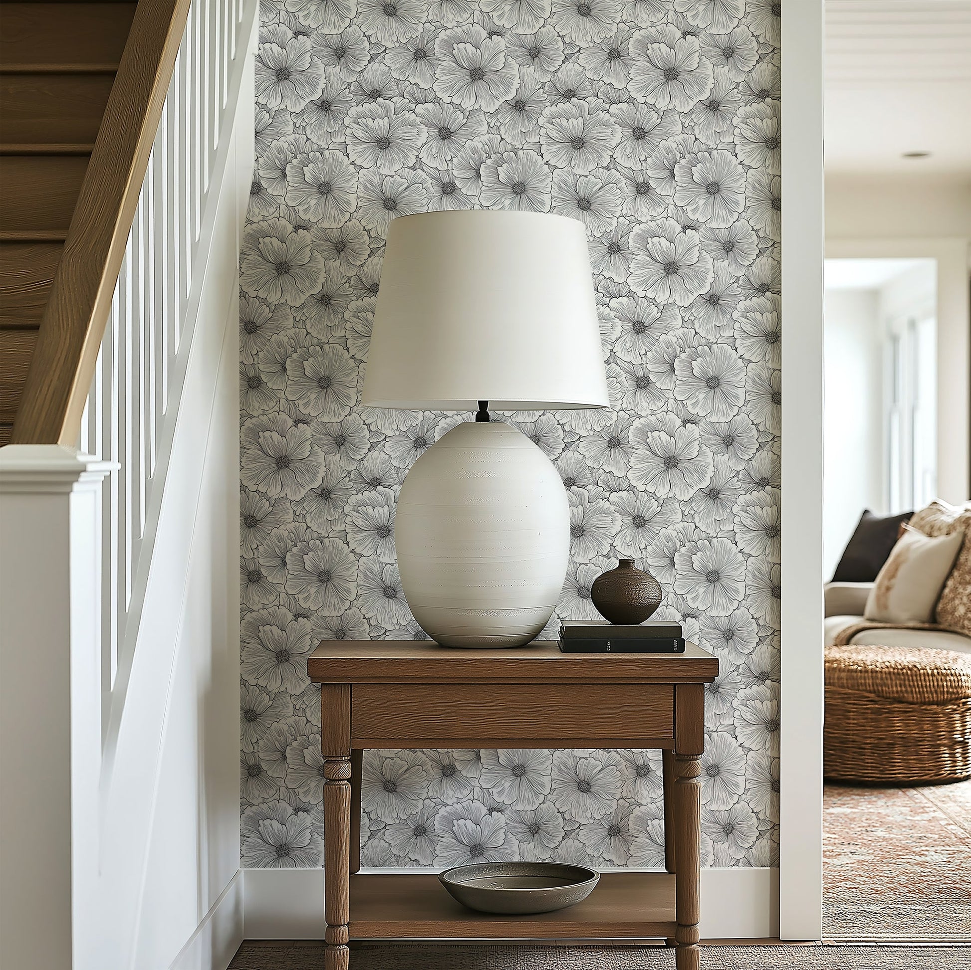 Artisan Flower Lace wallpaper in monochrome floral design, enhancing a cozy modern hallway with stylish decor.