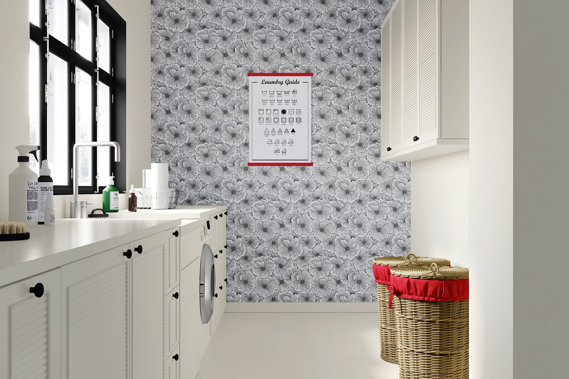 Modern laundry room featuring Artisan Flower Lace wallpaper with monochrome floral designs in black and white.